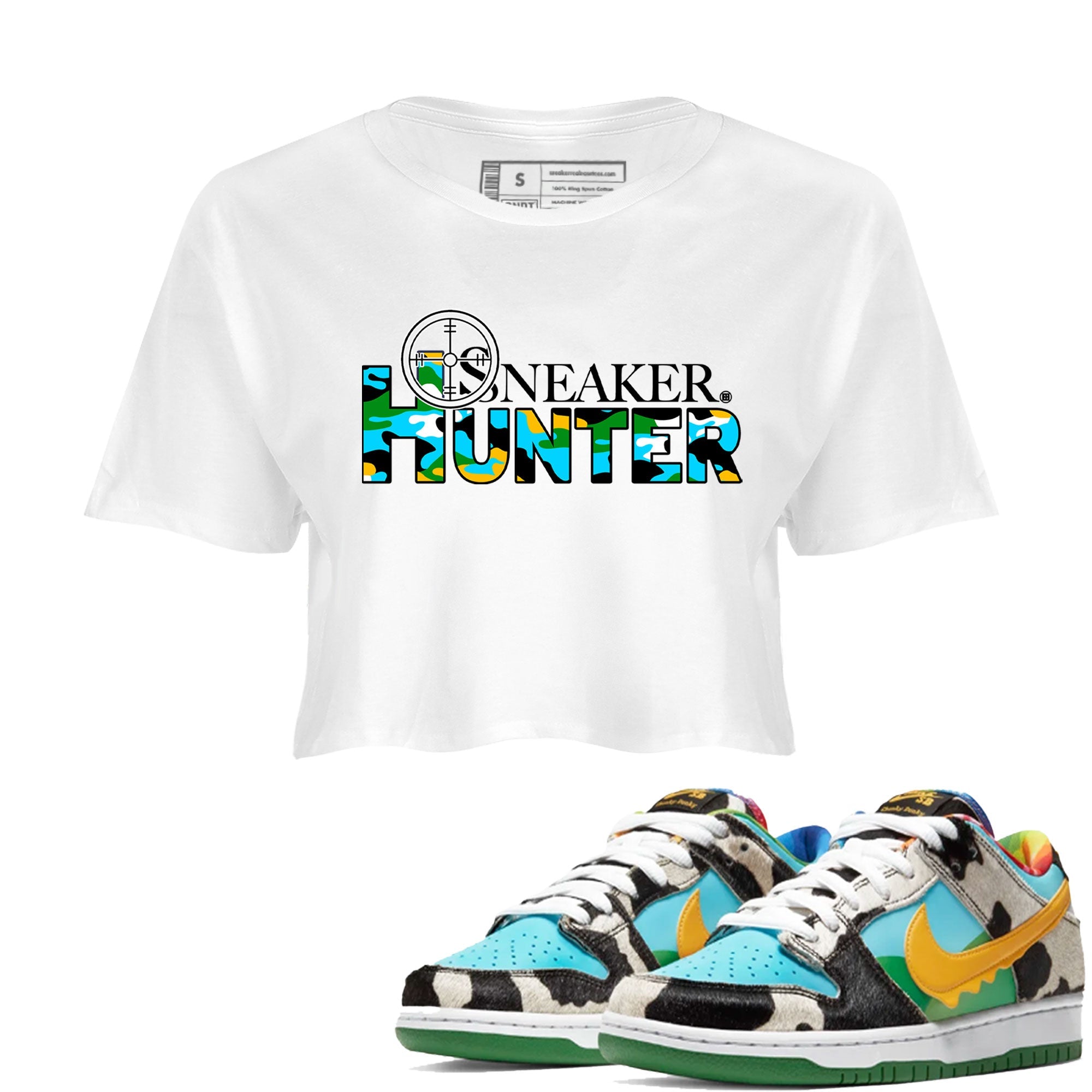 Dunk Chunky Dunky shirt to match jordans Sneaker Hunter sneaker tees Dunk Low Ben & Jerry's Chunky Dunky SNRT Sneaker Release Tees White 1 Crop T-Shirt