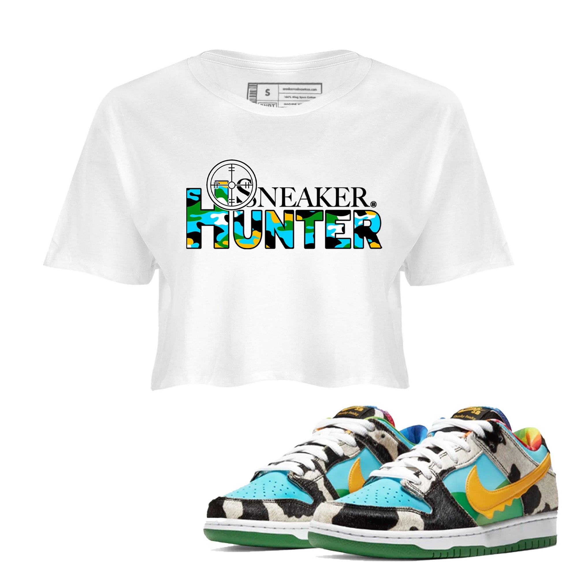 Dunk Chunky Dunky shirt to match jordans Sneaker Hunter sneaker tees Dunk Low Ben & Jerry's Chunky Dunky SNRT Sneaker Release Tees White 1 Crop T-Shirt