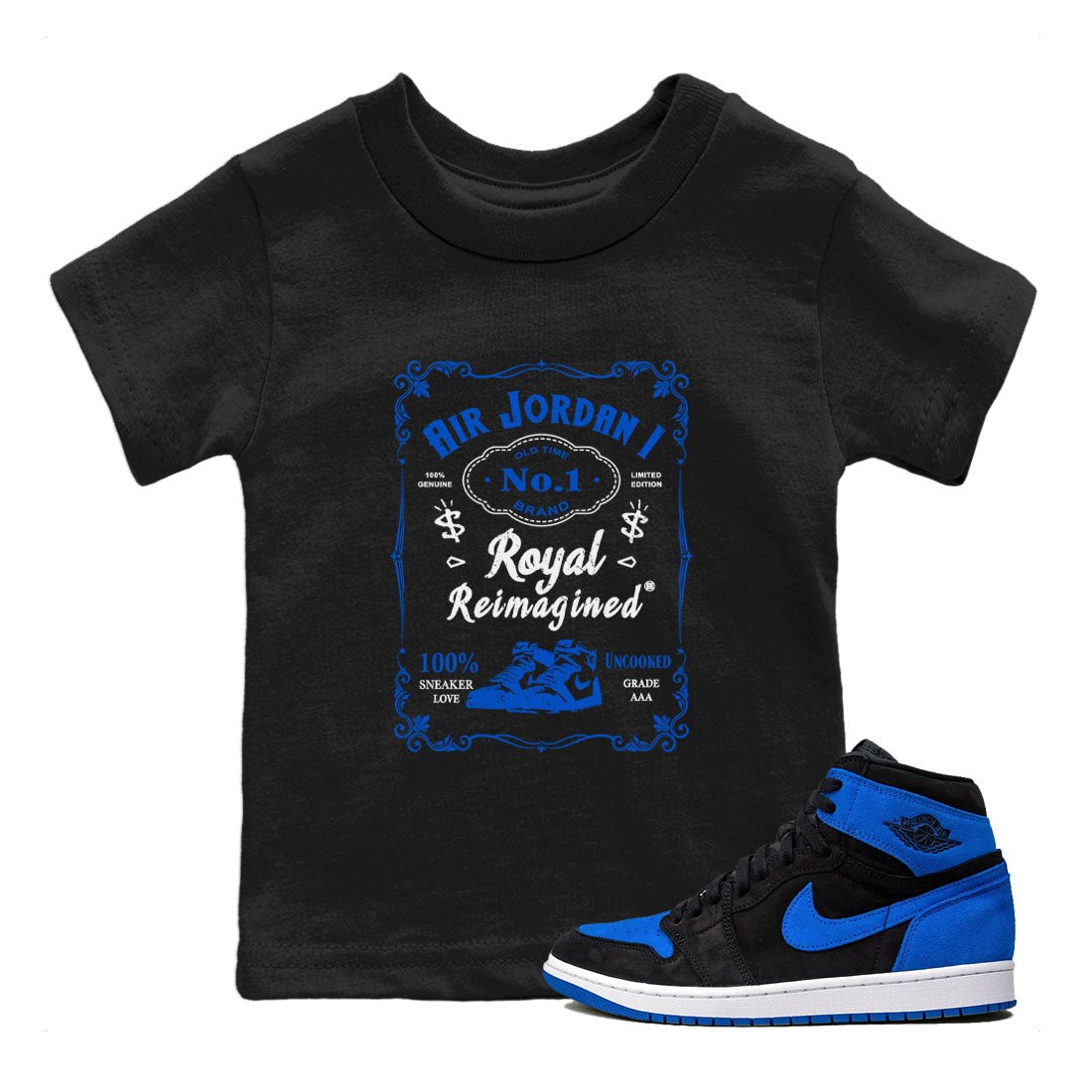 Jordan 1 High OG Royal Reimagined shirt to match jordans Sneaker Label sneaker tees Air Jordan 1 Royal Reimagined SNRT Sneaker Tees Baby Toddler Black 1 T-Shirt