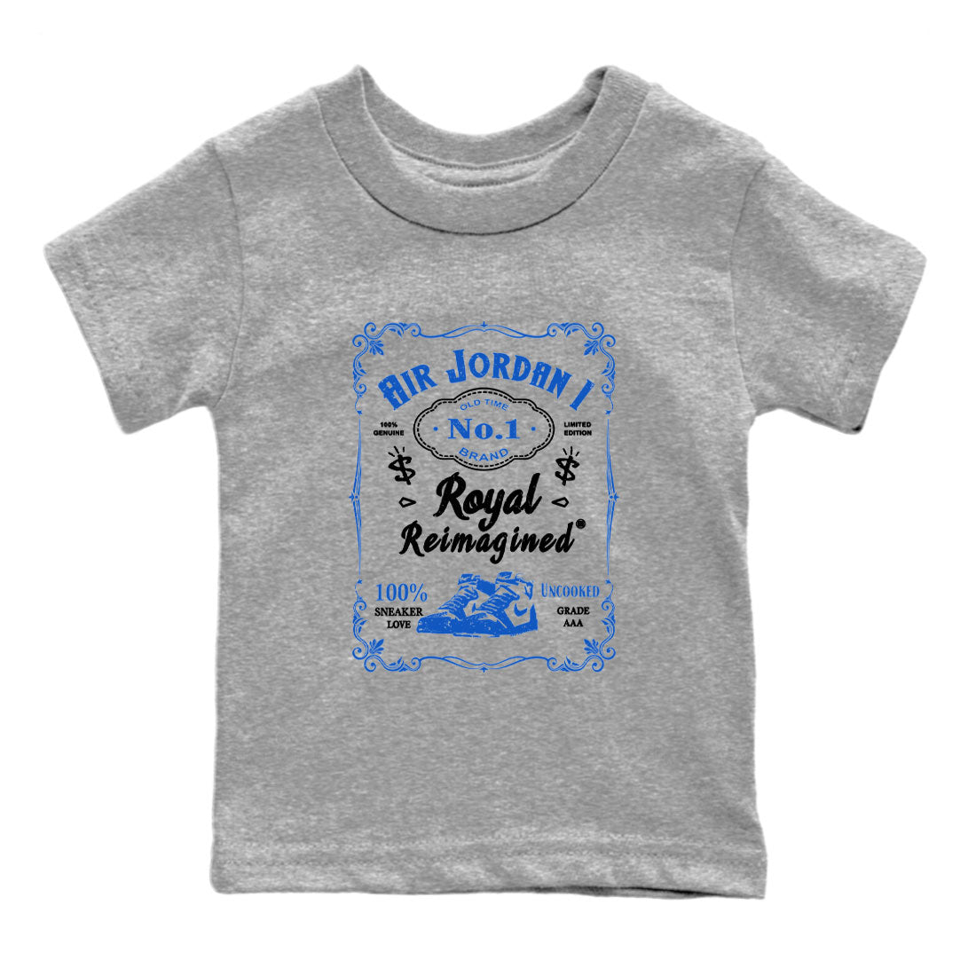 Jordan 1 High OG Royal Reimagined shirt to match jordans Sneaker Label sneaker tees Air Jordan 1 Royal Reimagined SNRT Sneaker Tees Baby Toddler Heather Grey 2 T-Shirt