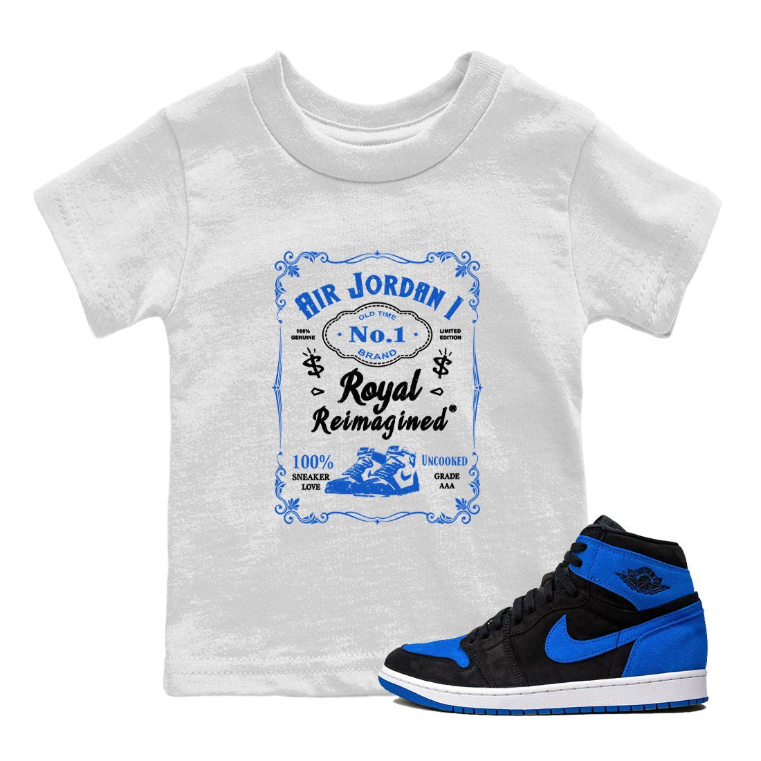 Jordan 1 High OG Royal Reimagined shirt to match jordans Sneaker Label sneaker tees Air Jordan 1 Royal Reimagined SNRT Sneaker Tees Baby Toddler White 1 T-Shirt