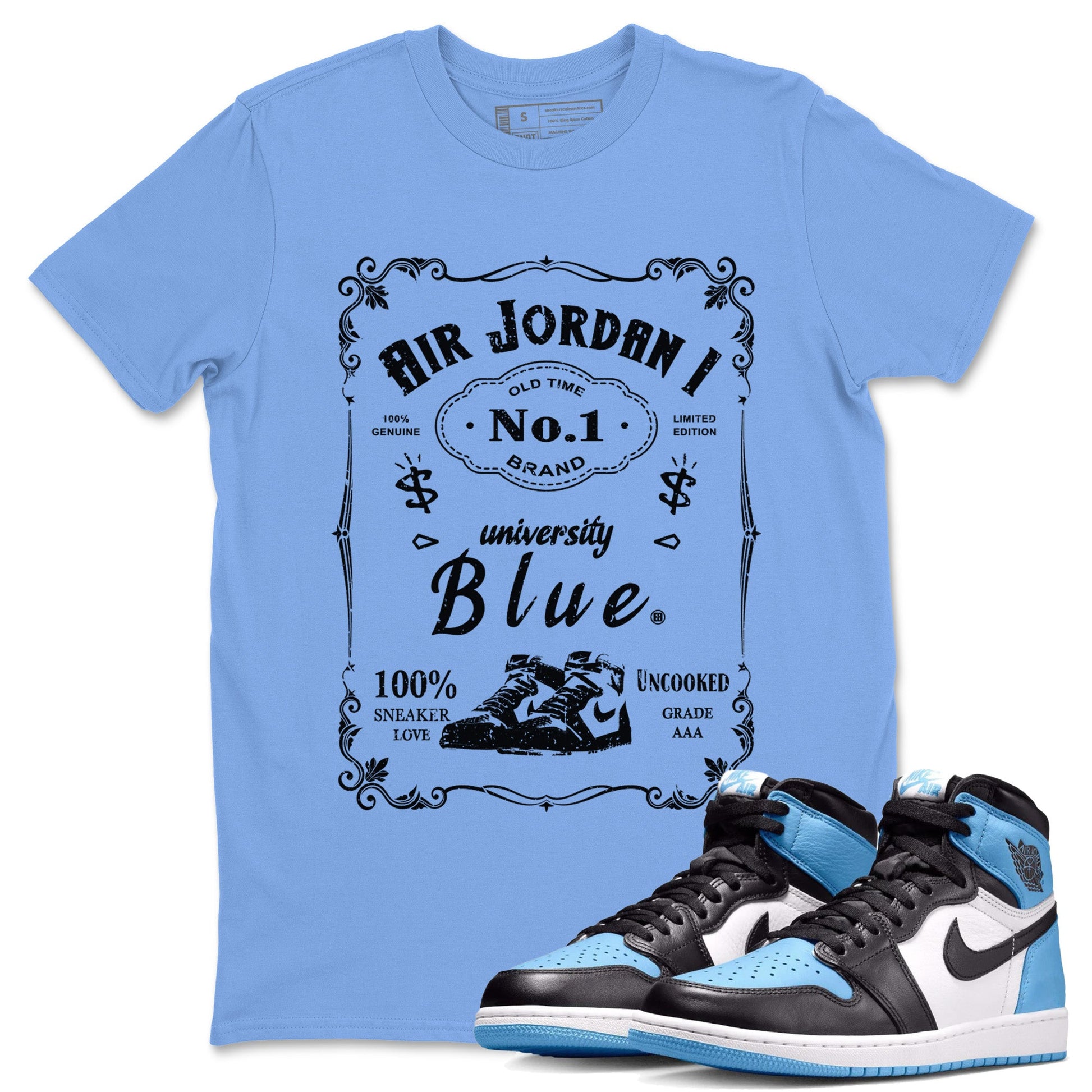 Air Jordan 1 UNC Toe Sneaker Label Crew Neck Sneaker Tees Air Jordan 1 High OG UNC Toe Sneaker T-Shirts Washing and Care Tip