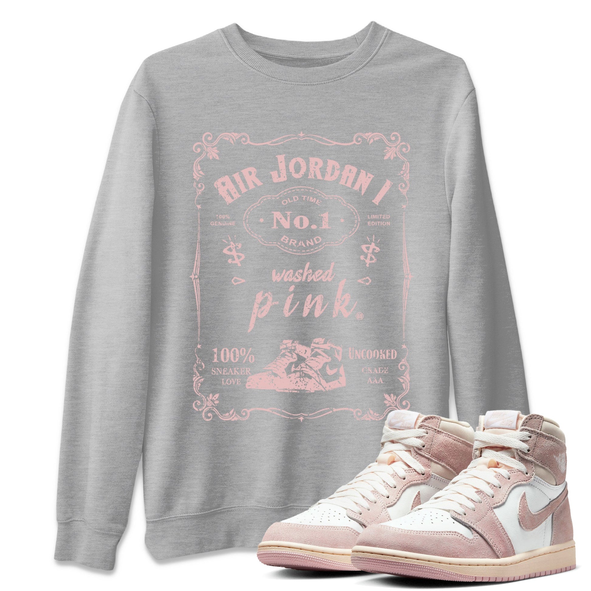Air Jordan 1 Washed Pink Sneaker Match Tees Sneaker Label Sneaker Tees Air Jordan 1 High OG WMNS Washed Pink Sneaker Release Tees Unisex Shirts Heather Grey 1