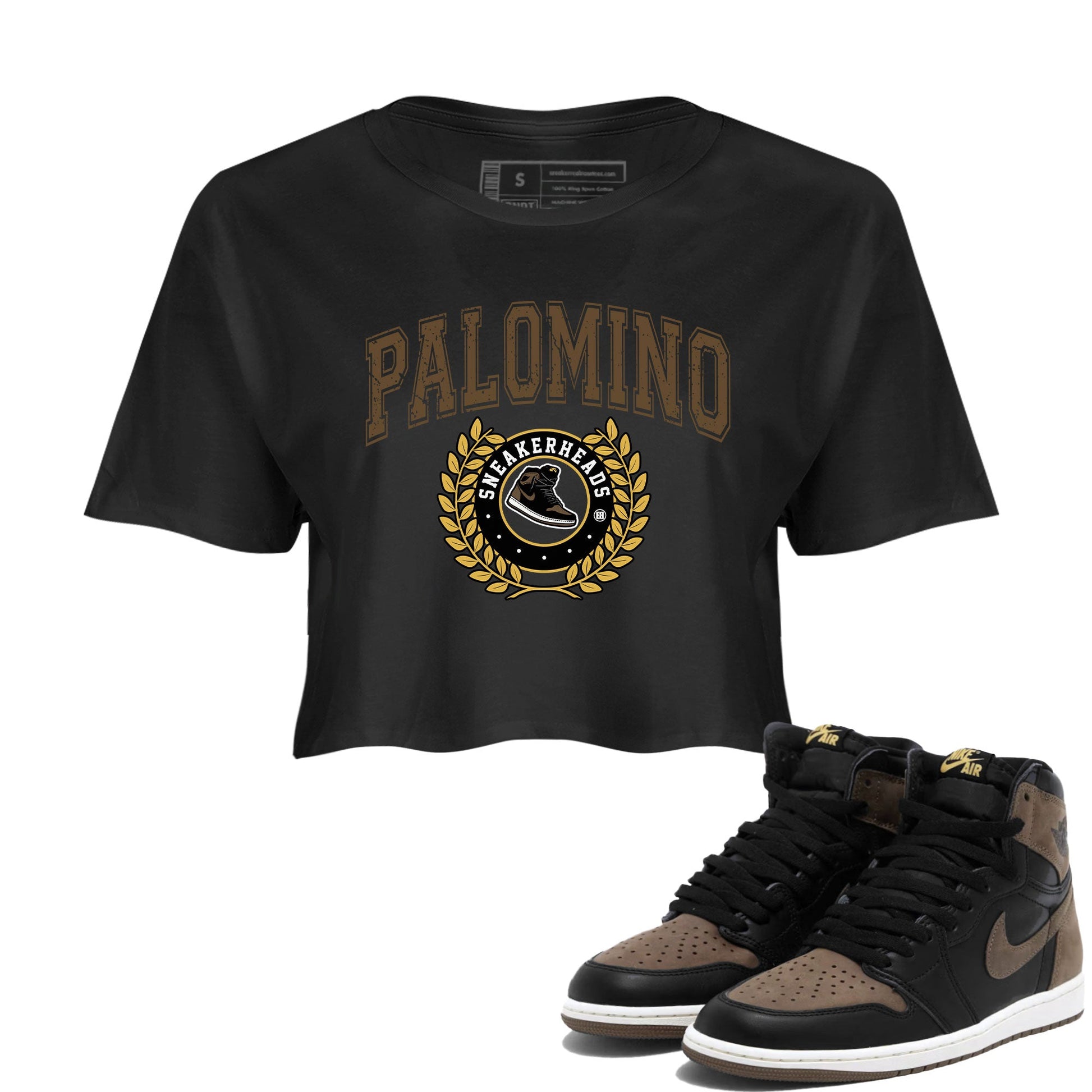 Air Jordan 1 Palomino shirt to match jordans Sneaker Letter sneaker tees Crew Neck Jordan 1 Retro High OG Palomino SNRT Sneaker Release Tees Black 1 Crop T-Shirt