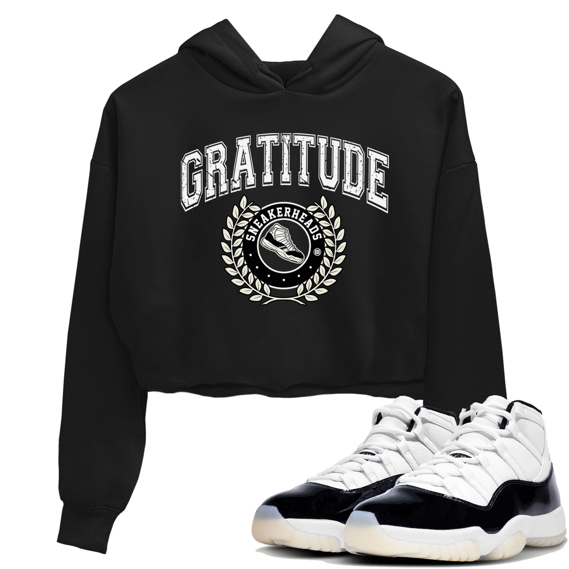 Air Jordan 11 Retro Gratitude shirt to match jordans Sneaker Letter sneaker match tees Air Jordan 11 Gratitude SNRT Sneaker Release Tees Black 1 Crop T-Shirt
