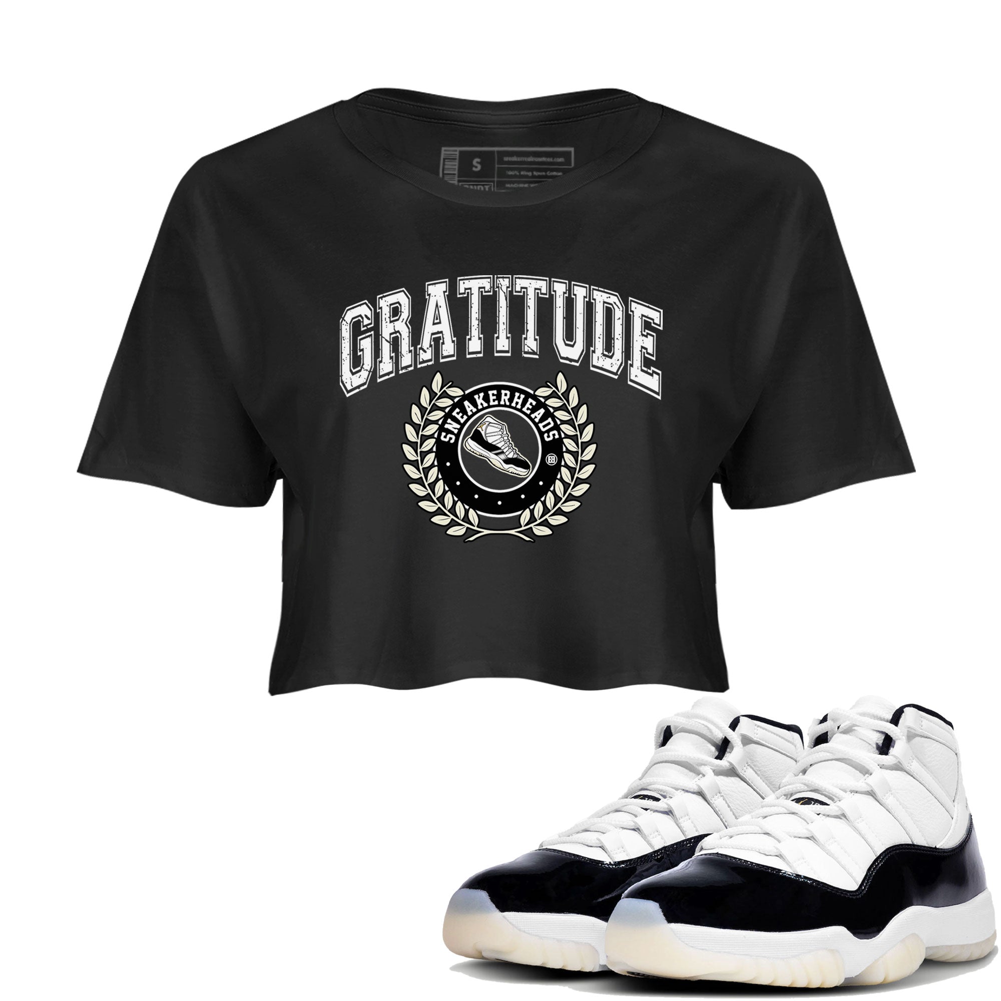 Air Jordan 11 Retro Gratitude shirt to match jordans Sneaker Letter sneaker match tees Air Jordan 11 Gratitude SNRT Sneaker Release Tees Black 1 Crop T-Shirt