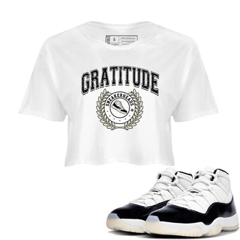 Air Jordan 11 Retro Gratitude shirt to match jordans Sneaker Letter sneaker match tees Air Jordan 11 Gratitude SNRT Sneaker Release Tees White 1 Crop T-Shirt