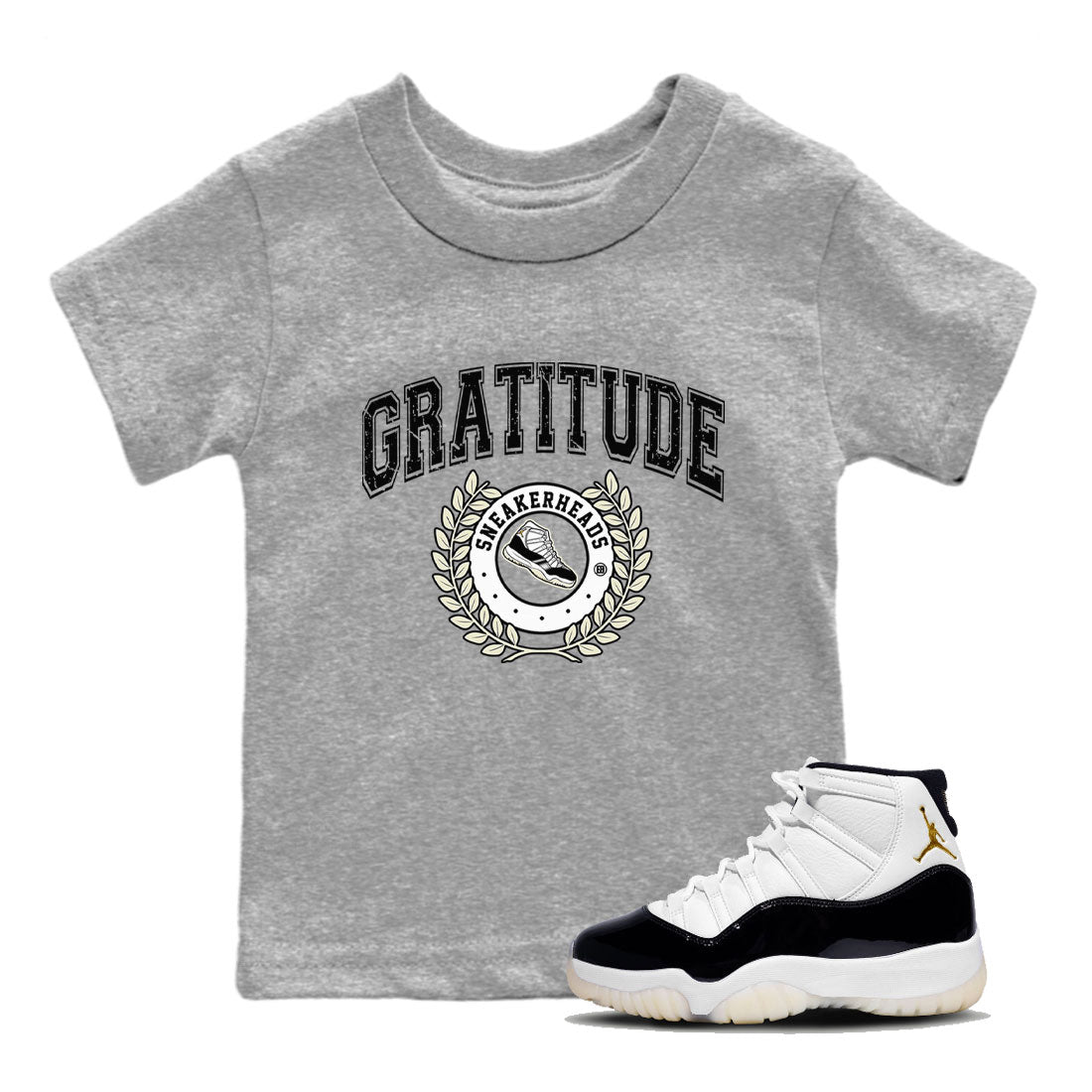 Air Jordan 11 Retro Gratitude shirt to match jordans Sneaker Letter sneaker match tees Air Jordan 11 Gratitude SNRT Sneaker Release Tees Baby Toddler Heather Grey 1 T-Shirt