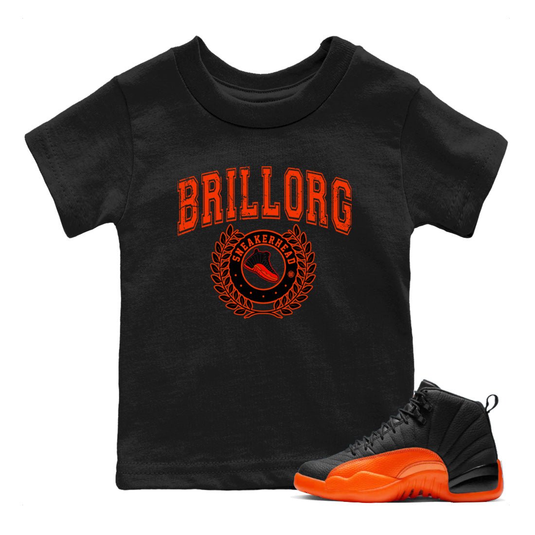 Air Jordan 12 Brilliant Orange Sneaker Match Tees Sneaker Letter Sneaker Tees Air Jordan 12 Orange Sneaker Release Tees Kids Shirts Black 1