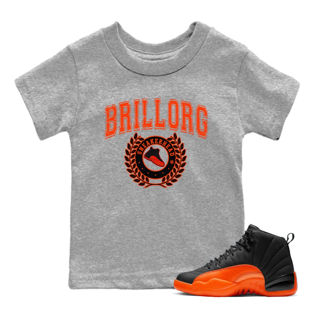 Air Jordan 12 Brilliant Orange Sneaker Match Tees Sneaker Letter Sneaker Tees Air Jordan 12 Orange Sneaker Release Tees Kids Shirts Heather Grey 1