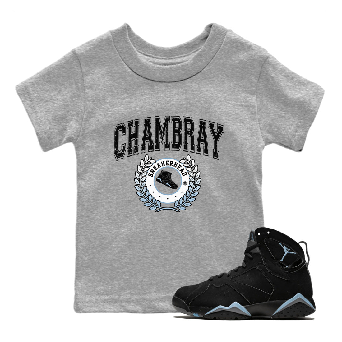 Air Jordan 7 Chambray Sneaker Match Tees Sneaker Letter Sneaker Tees AJ7 Chambray Sneaker Release Tees Kids Shirts Heather Grey 1