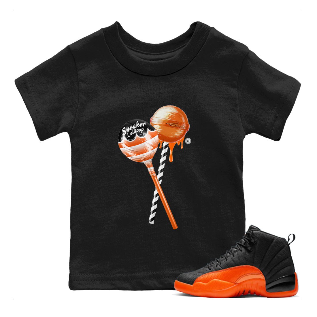 Air Jordan 12 Brilliant Orange Sneaker Match Tees Sneaker Lollipops Sneaker Tees 12s Brilliant Orange Tee Kids Shirts Black 1