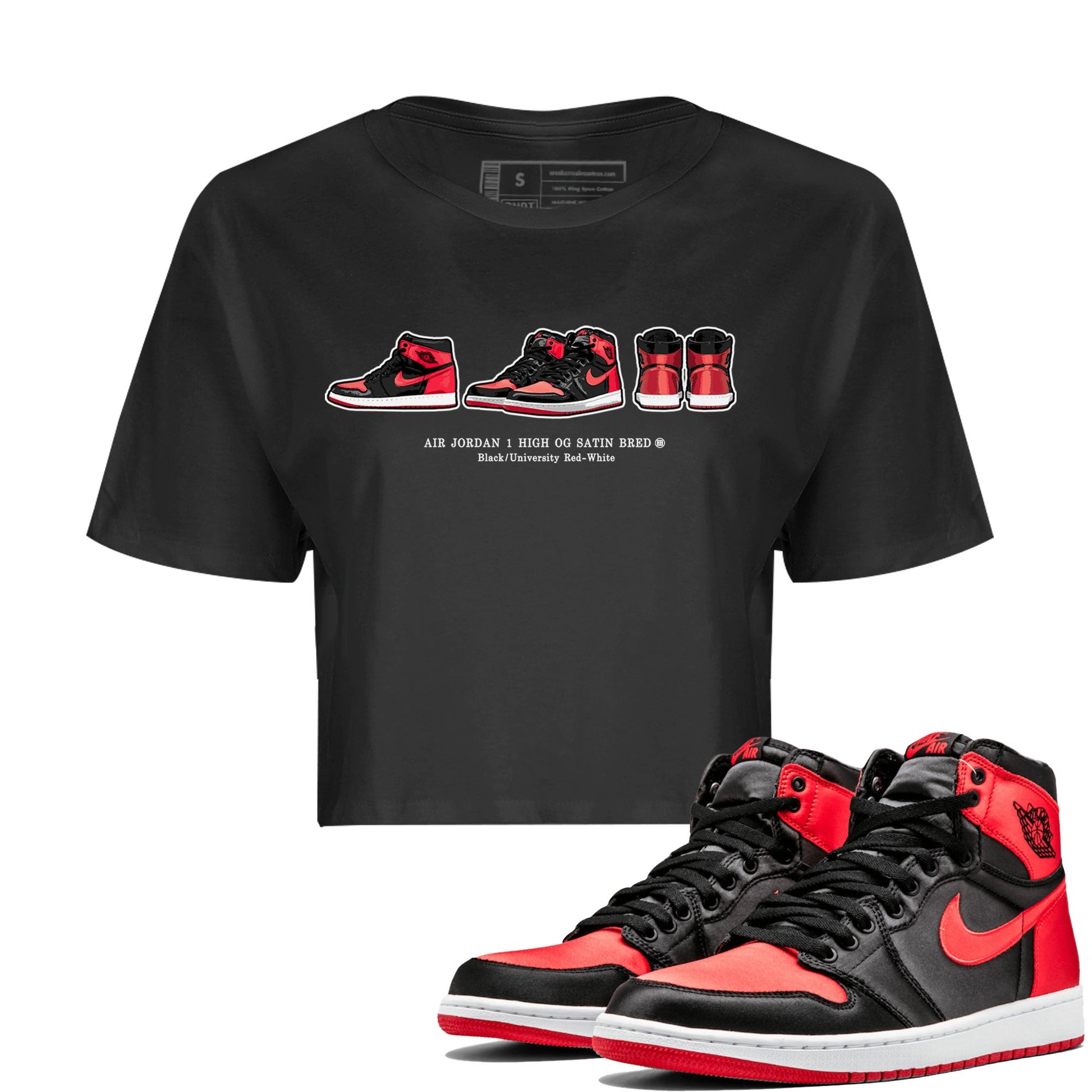 Air Jordan 1 Satin Bred Sneaker Match Tees Sneaker Prelude Sneaker Tees Air Jordan 1 Satin Bred SNRT Sneaker Release Tees Women's Shirts Black 1