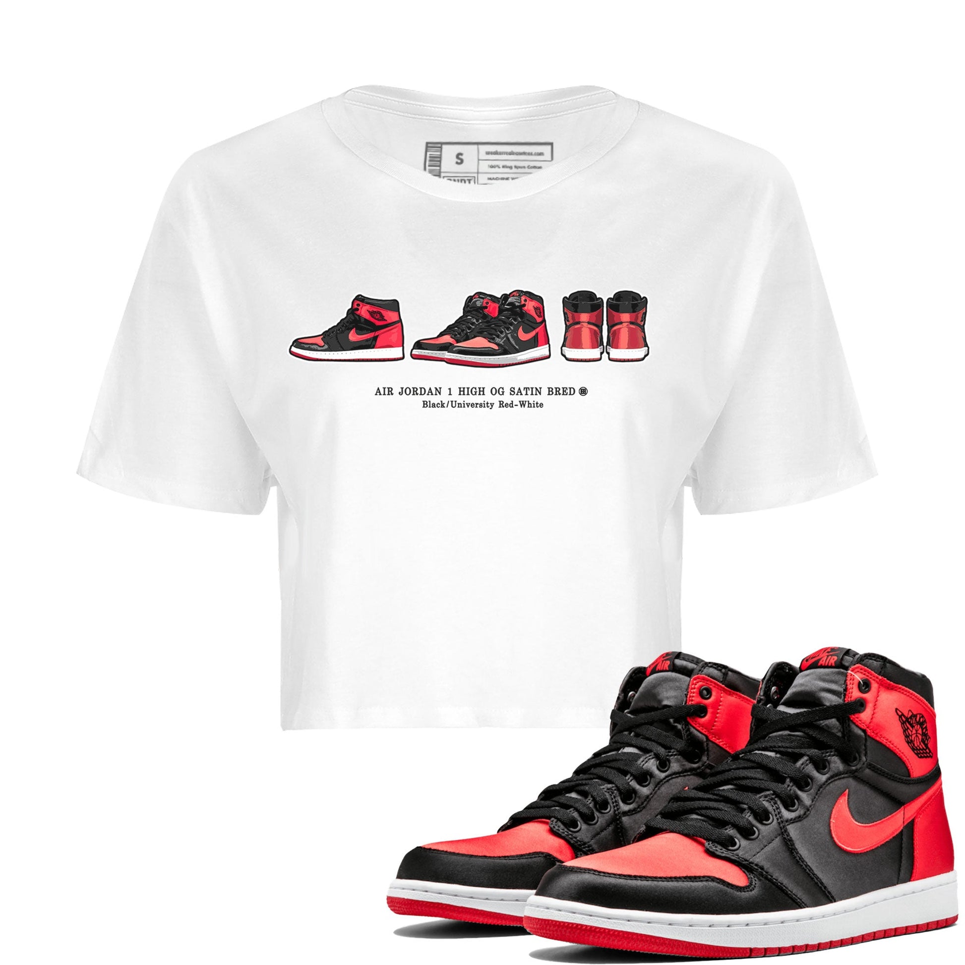 Air Jordan 1 Satin Bred Sneaker Match Tees Sneaker Prelude Sneaker Tees Air Jordan 1 Satin Bred SNRT Sneaker Release Tees Women's Shirts White 1
