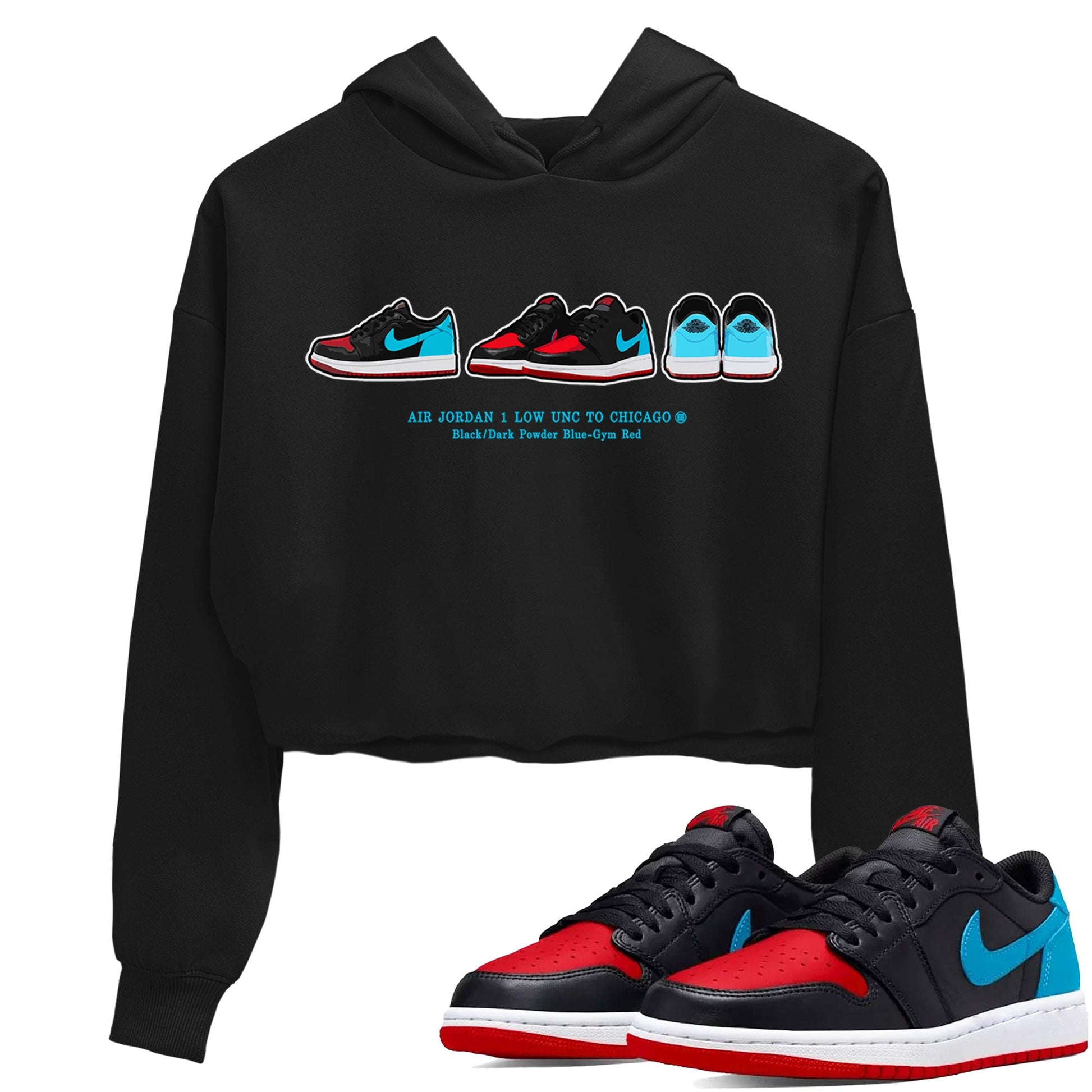 Air Jordan 1 UNC to Chicago Sneaker Match Tees Sneaker Prelude Sneaker Tees Jordan 1 Low OG WMNS UNC to Chicago SNRT Sneaker Release Tees Women's Shirts Black 1