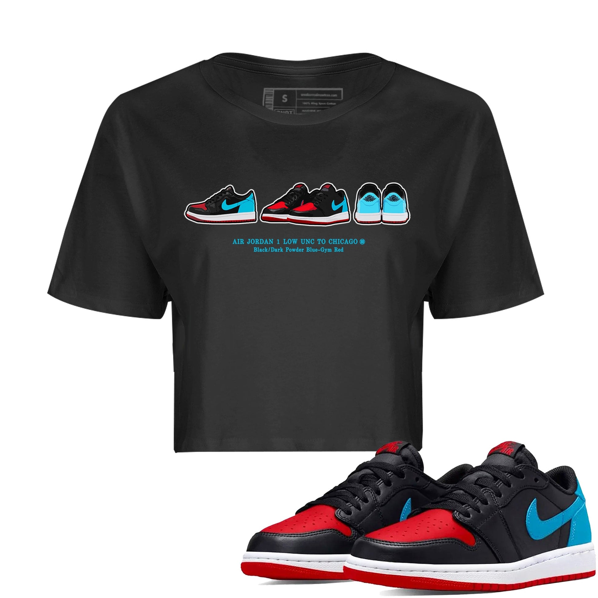 Air Jordan 1 UNC to Chicago Sneaker Match Tees Sneaker Prelude Sneaker Tees Jordan 1 Low OG WMNS UNC to Chicago SNRT Sneaker Release Tees Women's Shirts Black 1