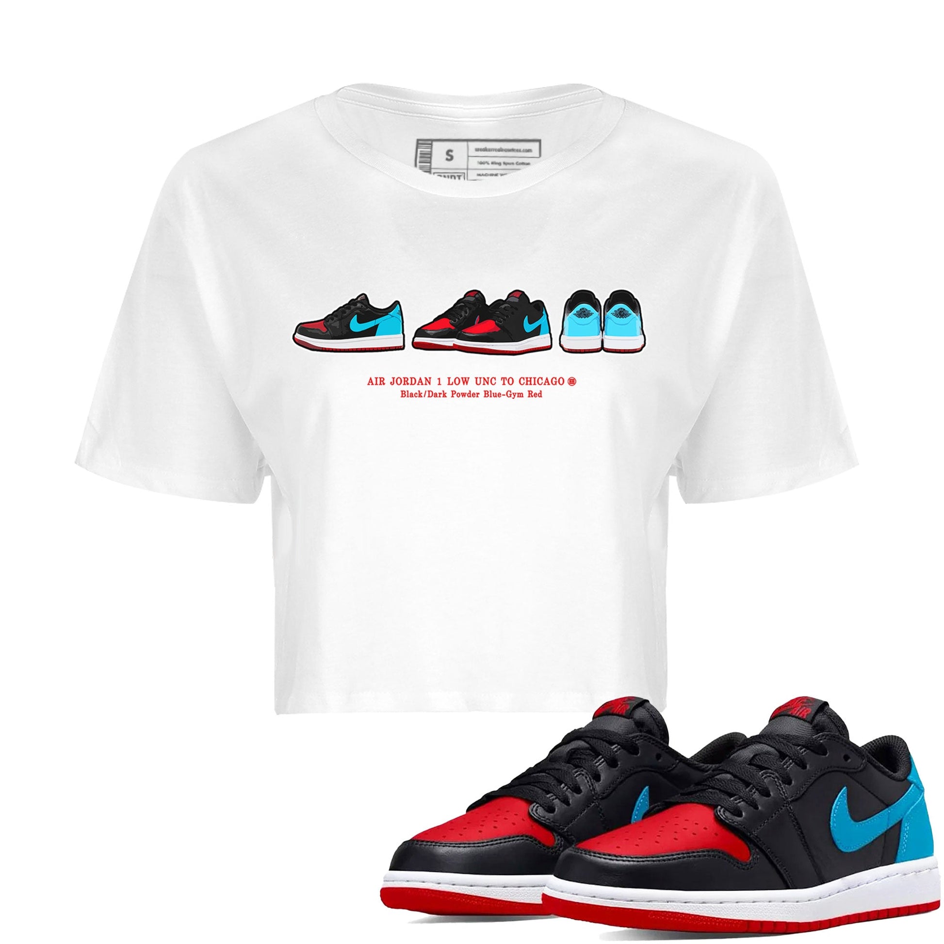 Air Jordan 1 UNC to Chicago Sneaker Match Tees Sneaker Prelude Sneaker Tees Jordan 1 Low OG WMNS UNC to Chicago SNRT Sneaker Release Tees Women's Shirts White 1