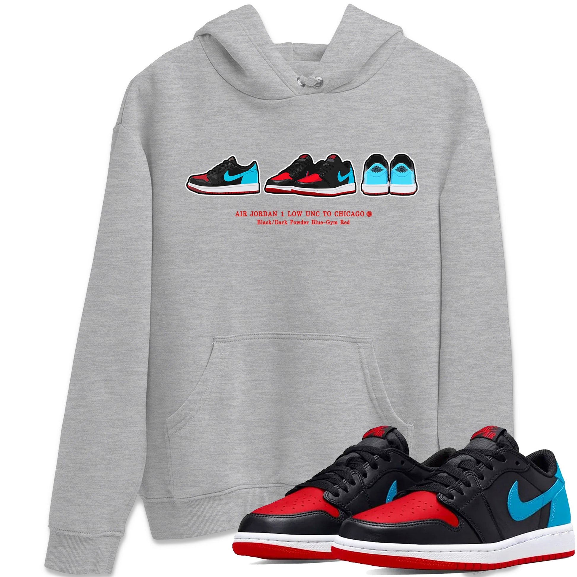 Air Jordan 1 UNC to Chicago Sneaker Match Tees Sneaker Prelude Sneaker Tees Jordan 1 Low OG WMNS UNC to Chicago SNRT Sneaker Release Tees Unisex Shirts Heather Grey 1