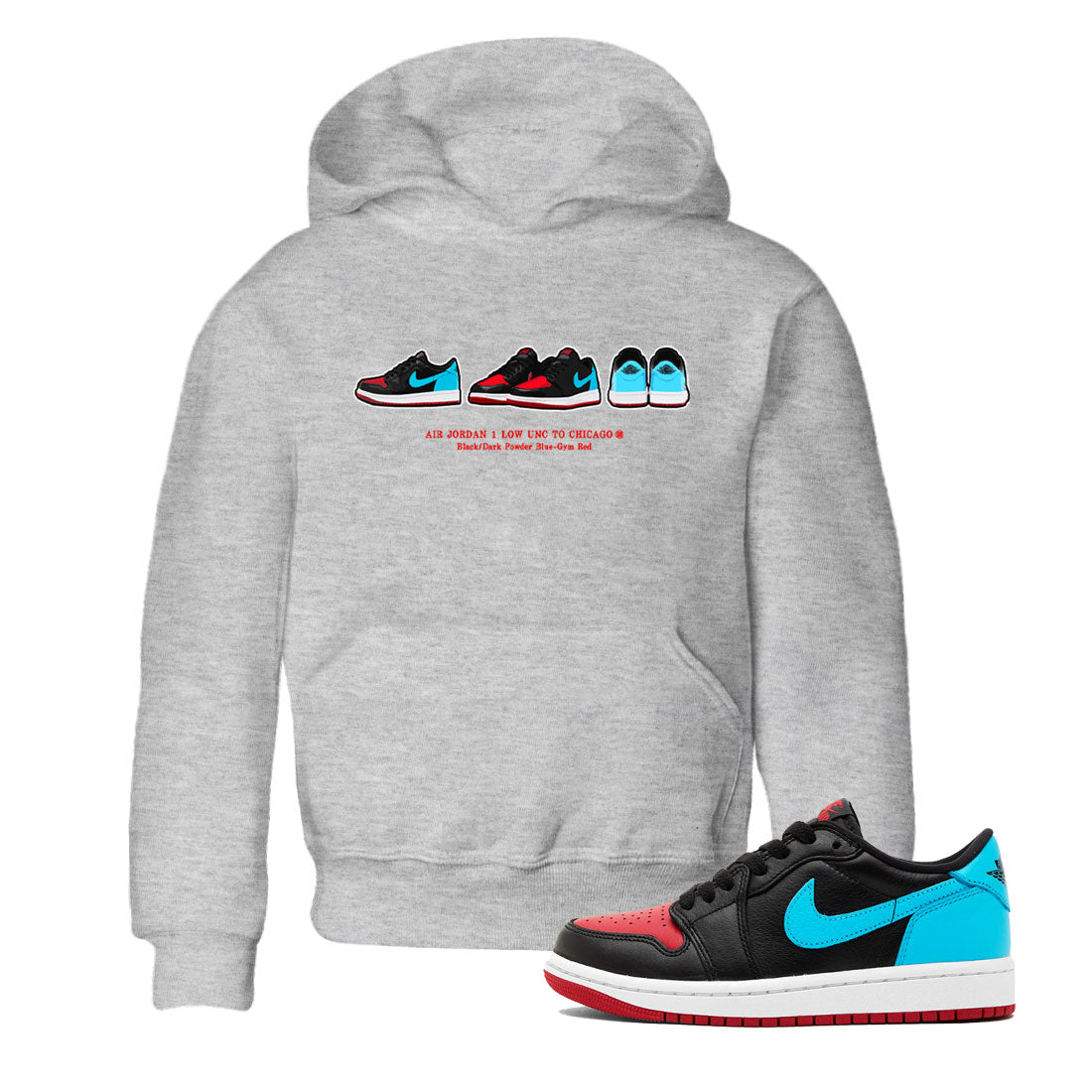 Air Jordan 1 UNC to Chicago Sneaker Match Tees Sneaker Prelude Sneaker Tees Jordan 1 Low OG WMNS UNC to Chicago SNRT Sneaker Release Tees Kids and Baby Youth Shirts Heather Grey 1