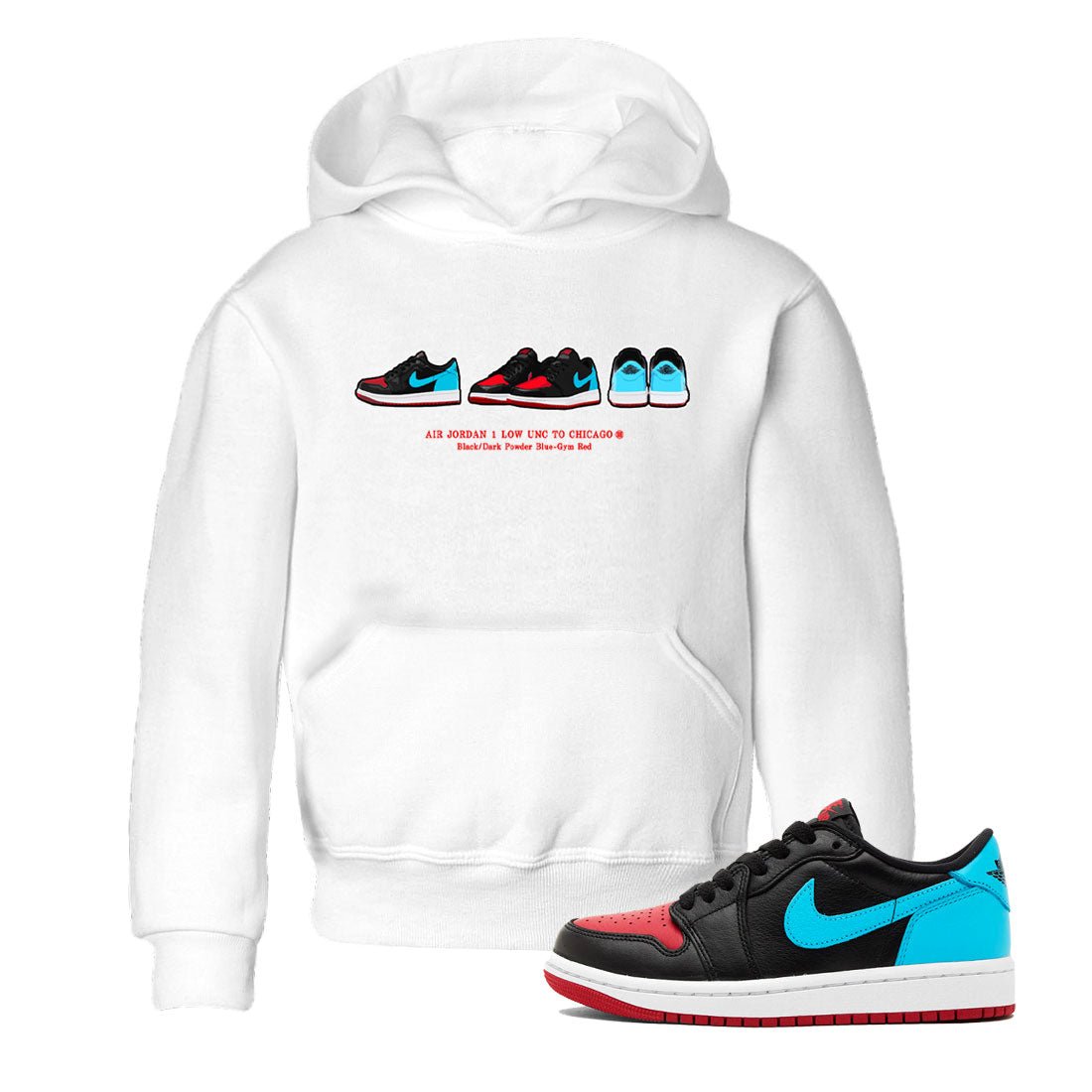 Air Jordan 1 UNC to Chicago Sneaker Match Tees Sneaker Prelude Sneaker Tees Jordan 1 Low OG WMNS UNC to Chicago SNRT Sneaker Release Tees Kids and Baby Youth Shirts White 1