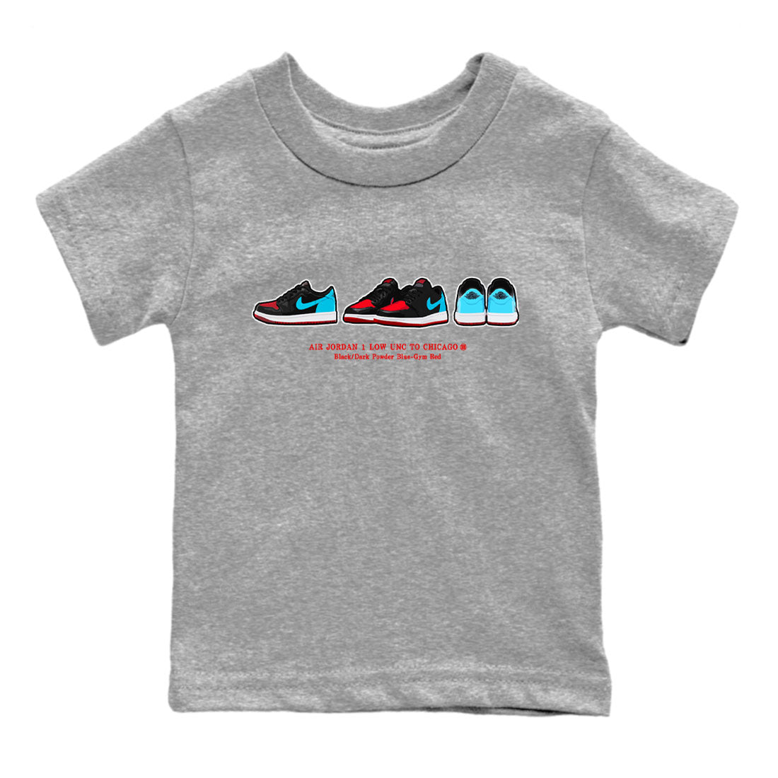 Air Jordan 1 UNC to Chicago Sneaker Match Tees Sneaker Prelude Sneaker Tees Jordan 1 Low OG WMNS UNC to Chicago SNRT Sneaker Release Tees Kids and Baby Youth Shirts Heather Grey 2
