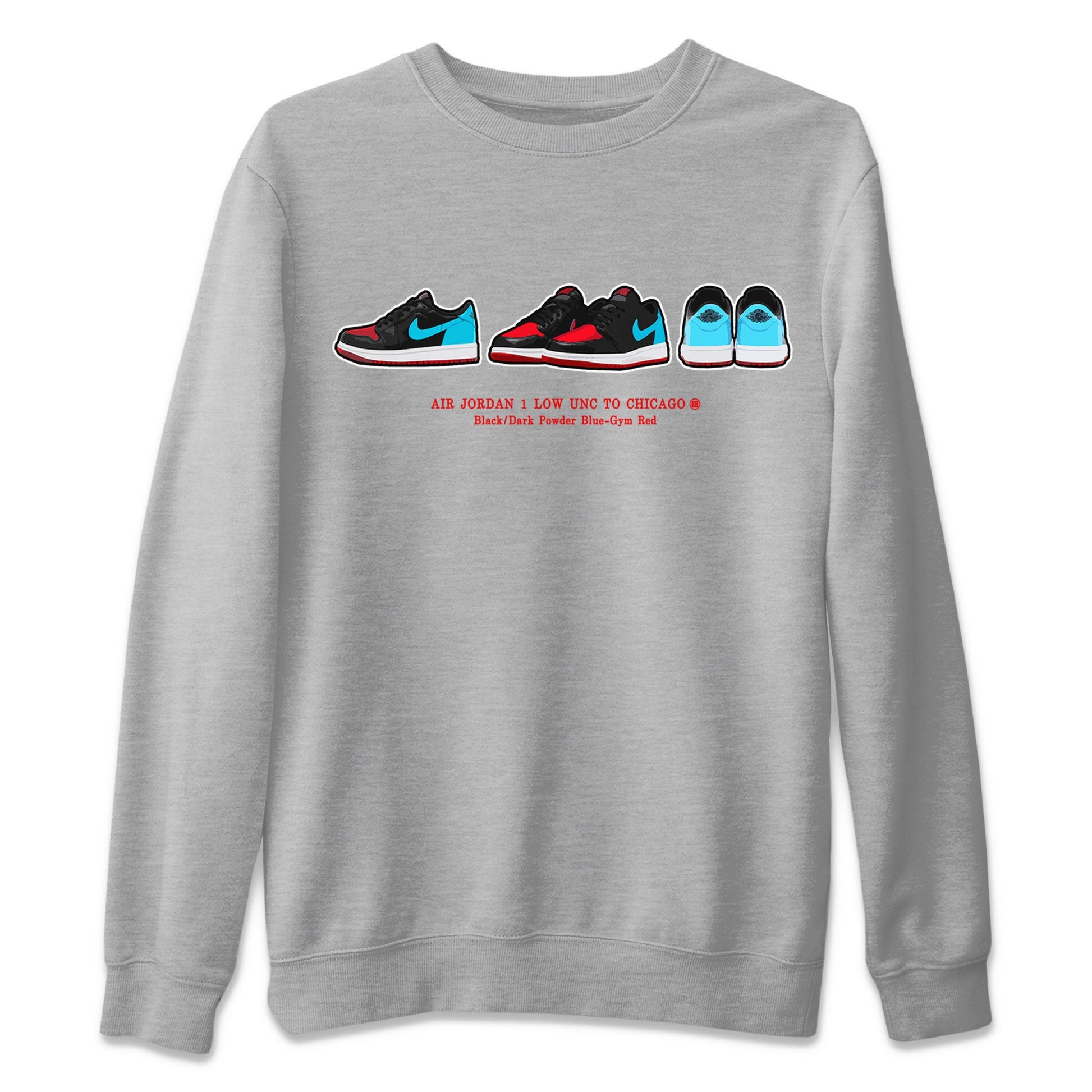 Air Jordan 1 UNC to Chicago Sneaker Match Tees Sneaker Prelude Sneaker Tees Jordan 1 Low OG WMNS UNC to Chicago SNRT Sneaker Release Tees Unisex Shirts Heather Grey 2