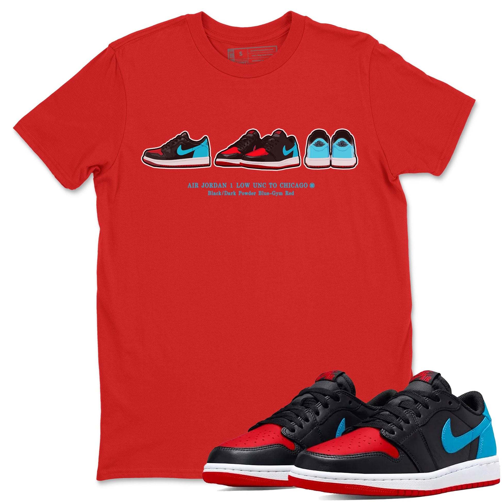 Air Jordan 1 UNC to Chicago Sneaker Match Tees Sneaker Prelude Sneaker Tees Jordan 1 Low OG WMNS UNC to Chicago SNRT Sneaker Release Tees Unisex Shirts Red 1
