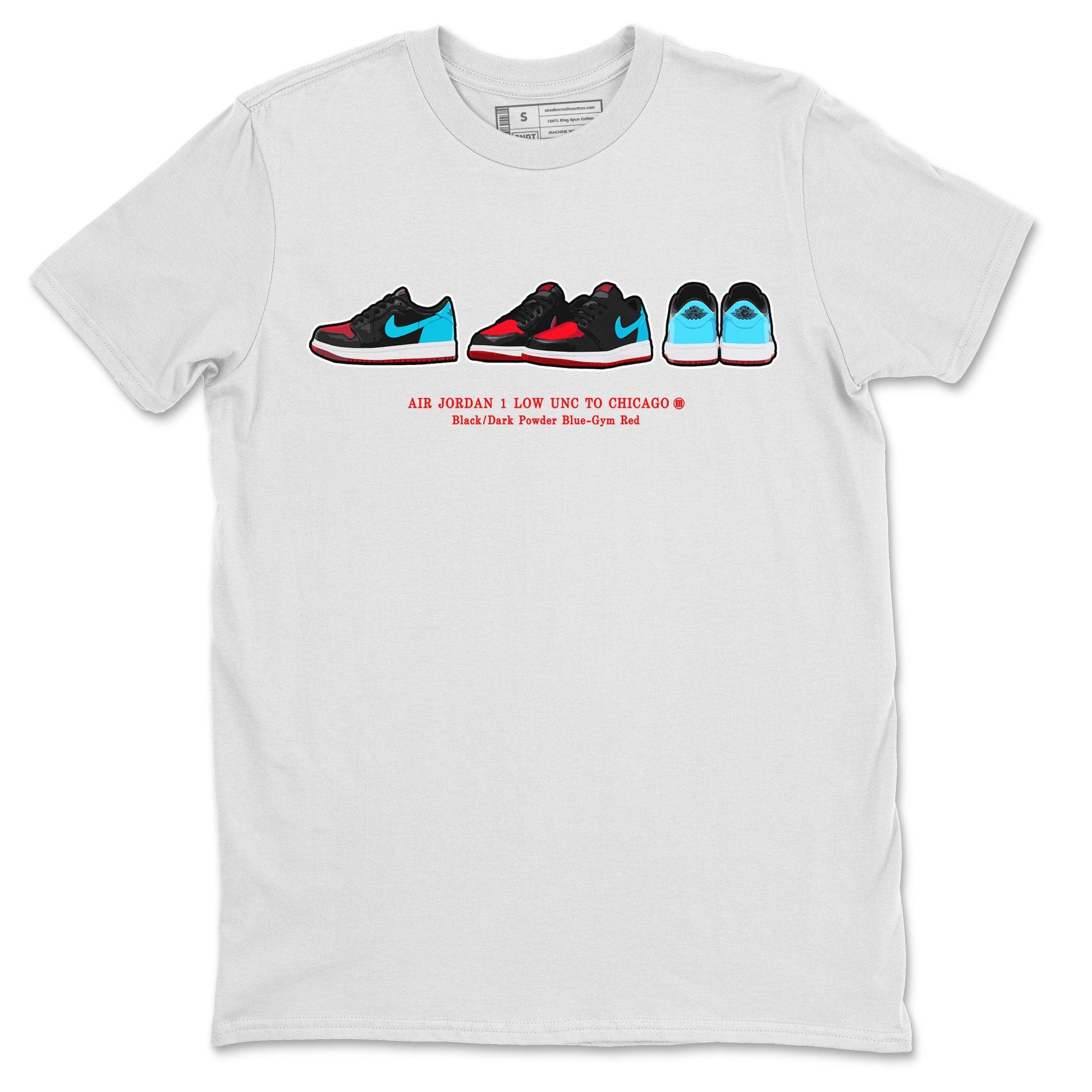 Air Jordan 1 UNC to Chicago Sneaker Match Tees Sneaker Prelude Sneaker Tees Jordan 1 Low OG WMNS UNC to Chicago SNRT Sneaker Release Tees Unisex Shirts White 2