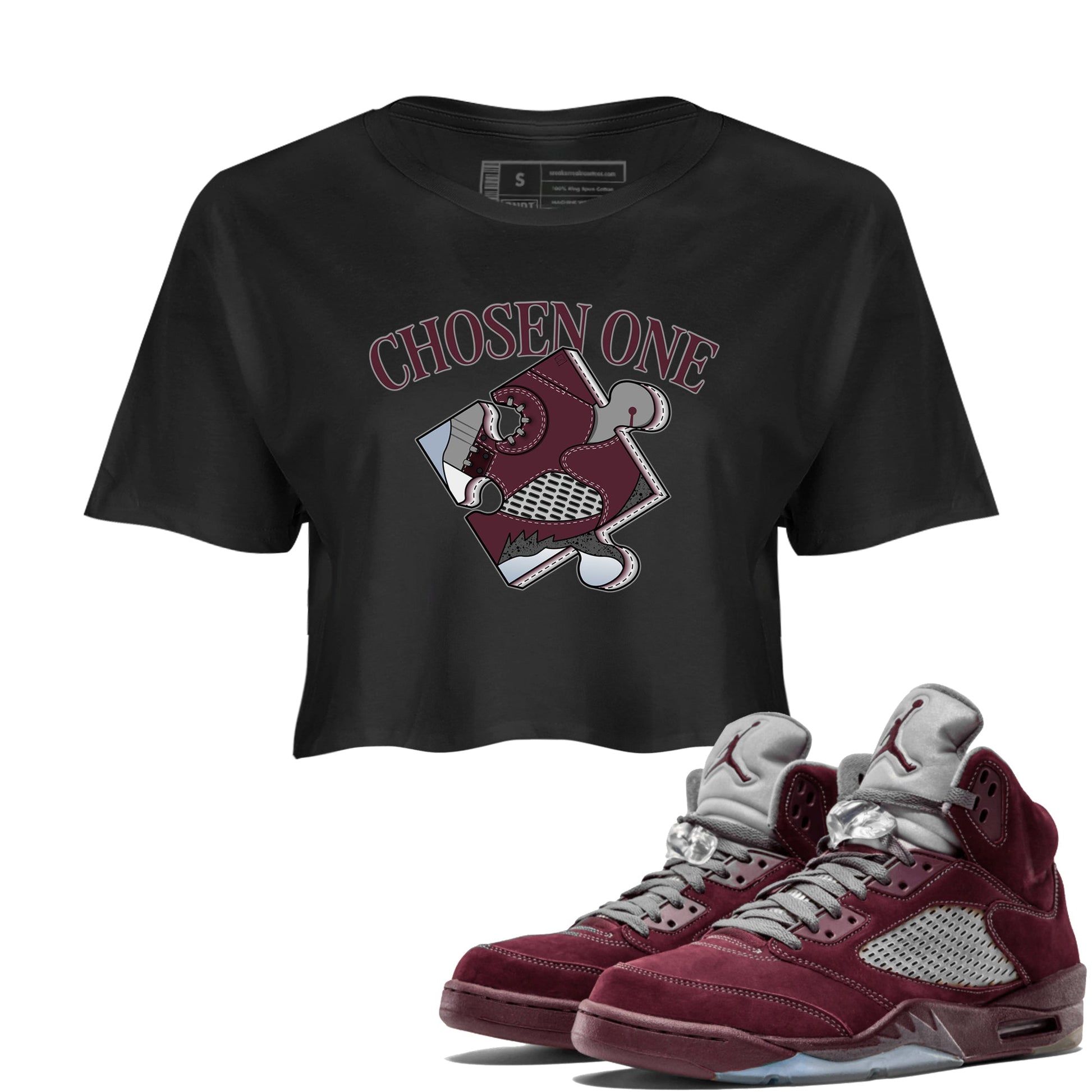 Jordan 5 Burgundy shirt to match jordans Sneaker Puzzle sneaker tees Crew Neck AJ5 Burgundy SNRT Sneaker Release Tees Black 1 Crop T-Shirt