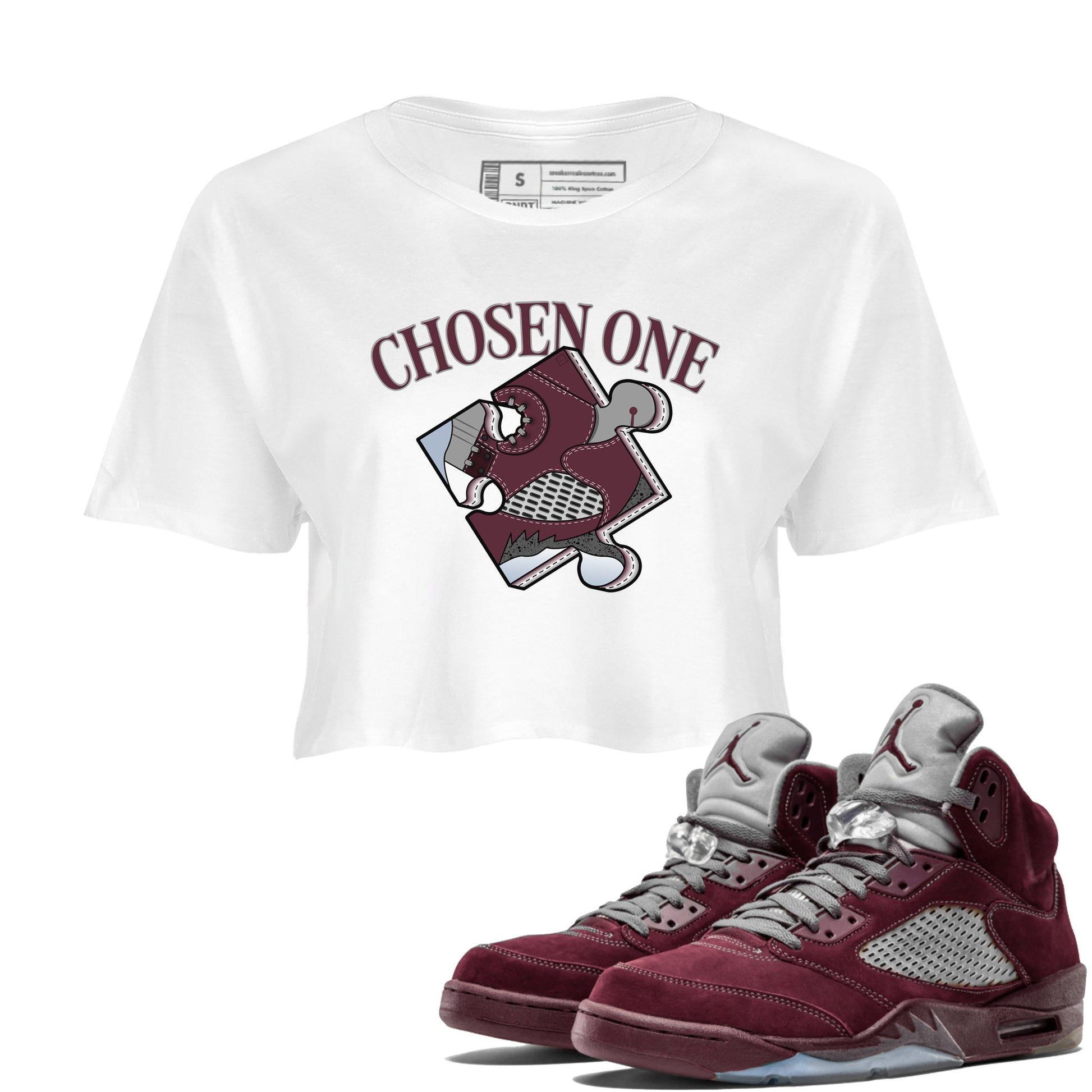 Jordan 5 Burgundy shirt to match jordans Sneaker Puzzle sneaker tees Crew Neck AJ5 Burgundy SNRT Sneaker Release Tees White 1 Crop T-Shirt