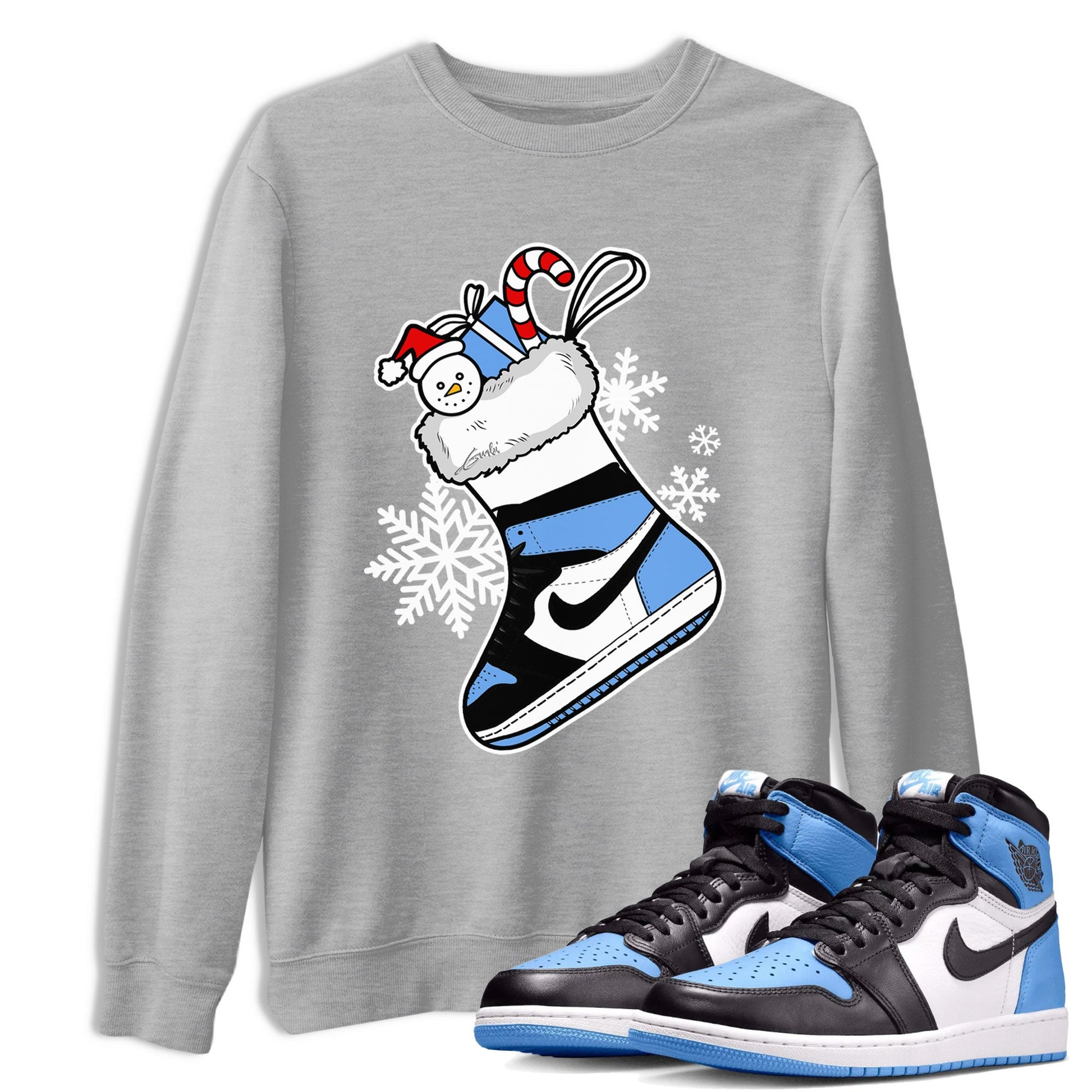 Jordan 1 Retro University Blue shirt to match jordans Sneaker Stocking Christmas Holiday sneaker tees Crew Neck Jordan 1 Retro University Blue SNRT Sneaker Release Tees Unisex Casual Shirts Heather Grey 1 T-Shirt