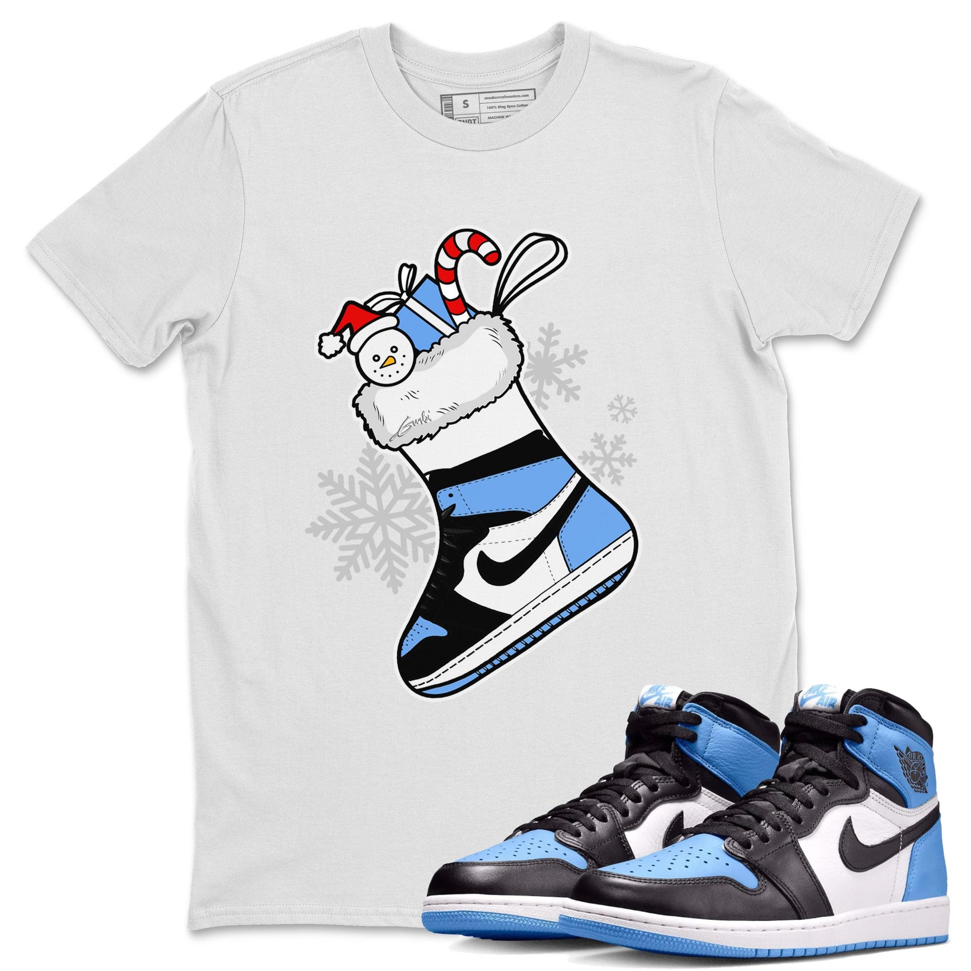 Jordan 1 Retro University Blue shirt to match jordans Sneaker Stocking Christmas Holiday sneaker tees Crew Neck Jordan 1 Retro University Blue SNRT Sneaker Release Tees Unisex Casual Shirts White 1 T-Shirt