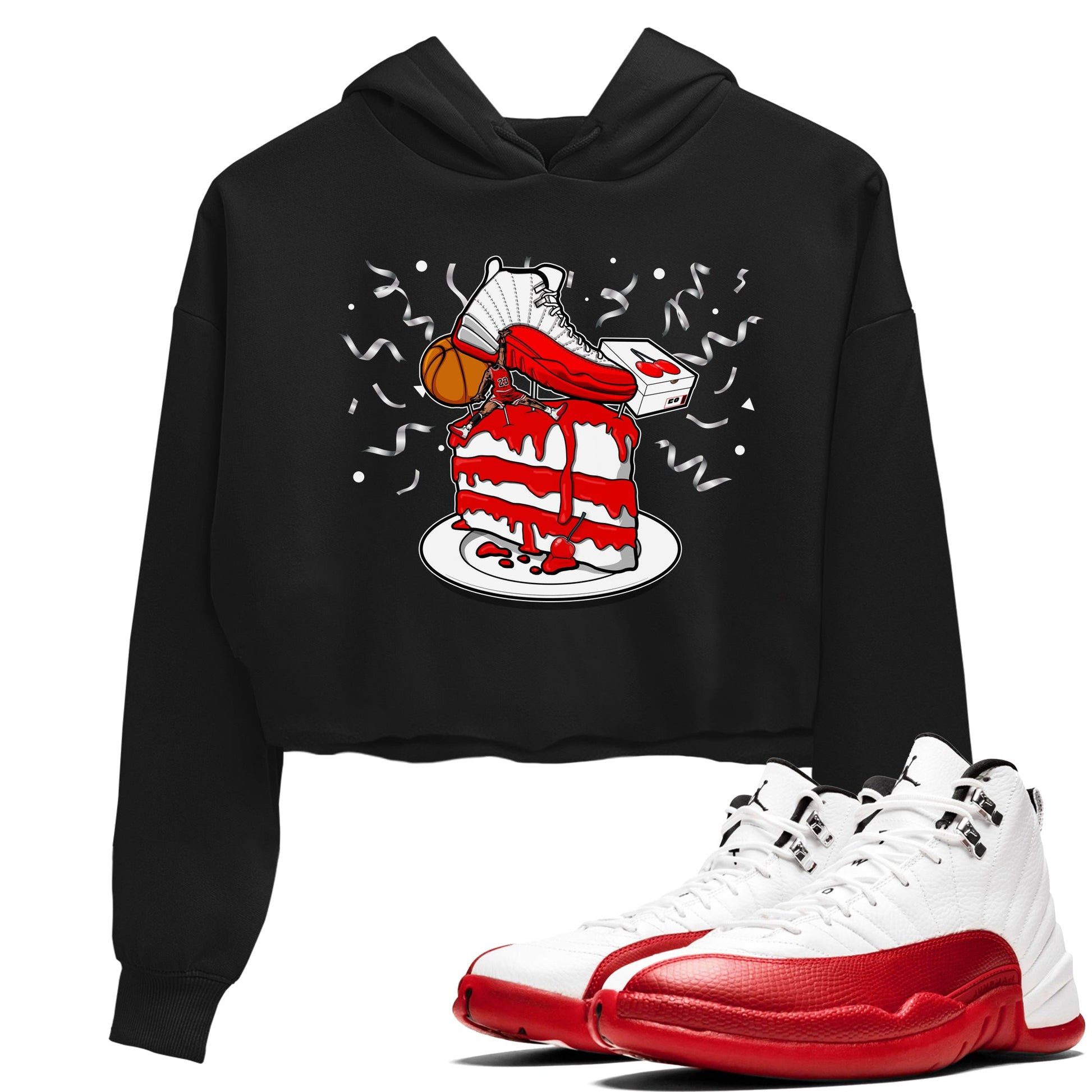 Jordan 12 Retro Cherry shirt to match jordans Varsity Red Sneaker Topper special sneaker matching tees 12s Cherry SNRT sneaker tees Black 1 Crop T-Shirt