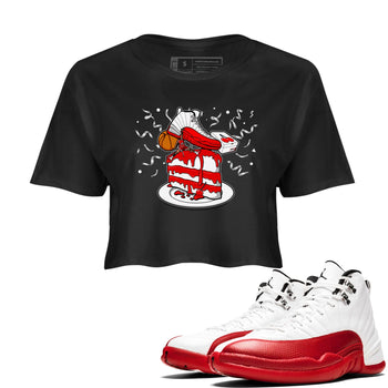 Jordan 12 Retro Cherry shirt to match jordans Varsity Red Sneaker Topper special sneaker matching tees 12s Cherry SNRT sneaker tees Black 1 Crop T-Shirt