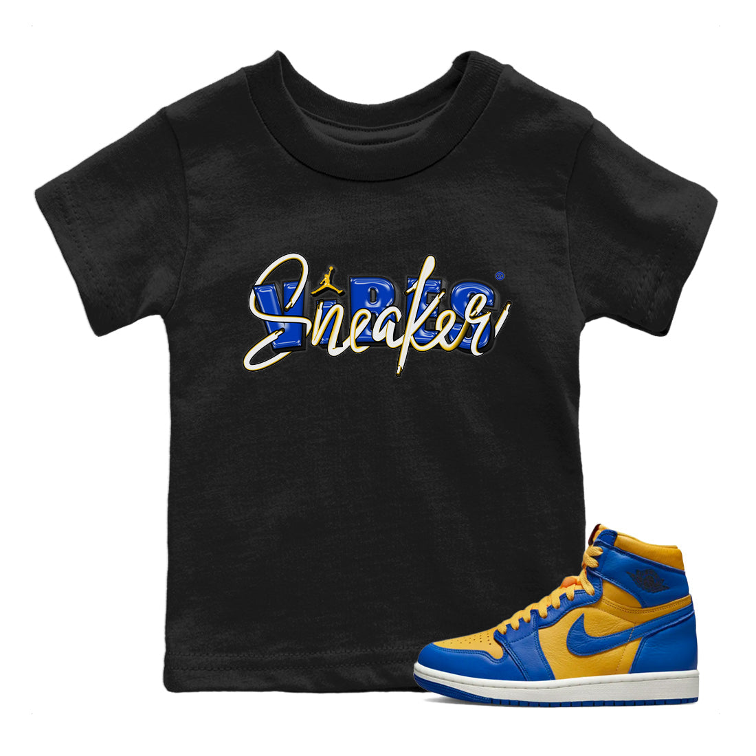 Jordan 1 Game Royal and Varsity Maize Sneaker Match Tees Sneaker Vibes Sneaker Tees Jordan 1 Game Royal and Varsity Maize Sneaker Release Tees Kids Shirts