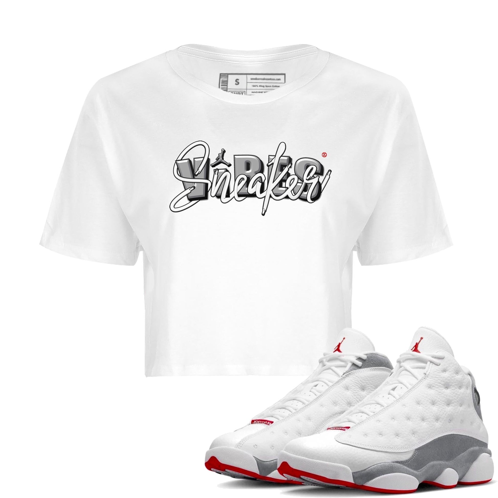 AJ13 Wolf Grey Sneaker Match Tees Sneaker Vibes Sneaker Tees Air Jordan 13 Wolf Grey SNRT Sneaker Release Tees Women's Shirts White 1