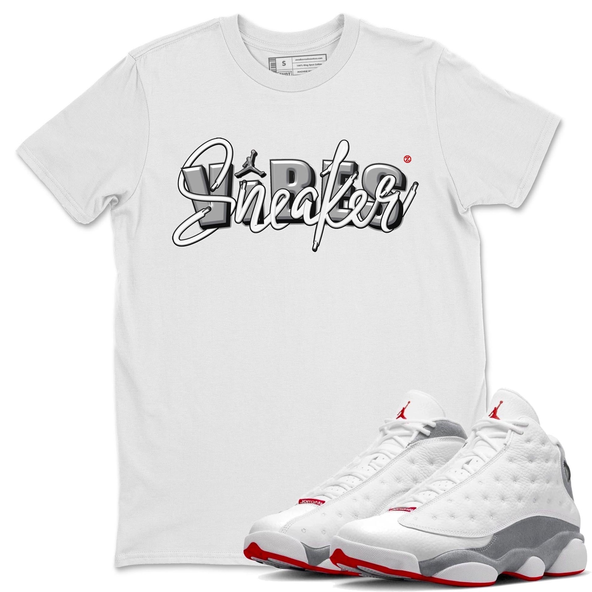 AJ13 Wolf Grey Sneaker Match Tees Sneaker Vibes Sneaker Tees Air Jordan 13 Wolf Grey SNRT Sneaker Release Tees Unisex Shirts White 1