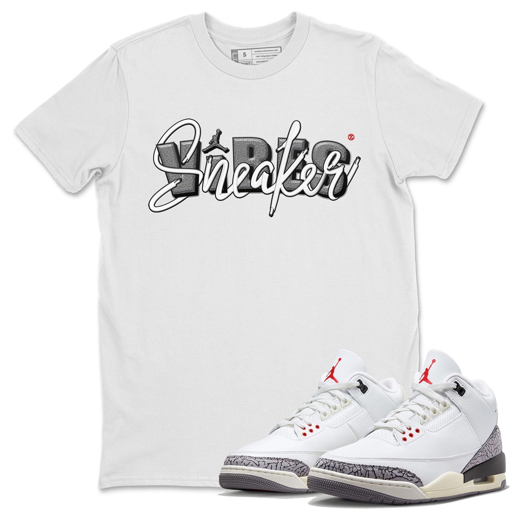 Air Jordan 3 White Cement Sneaker Match Tees Sneaker Vibes Sneaker Tees AJ 3s White Cement Sneaker Release Tees Unisex Shirts White 1