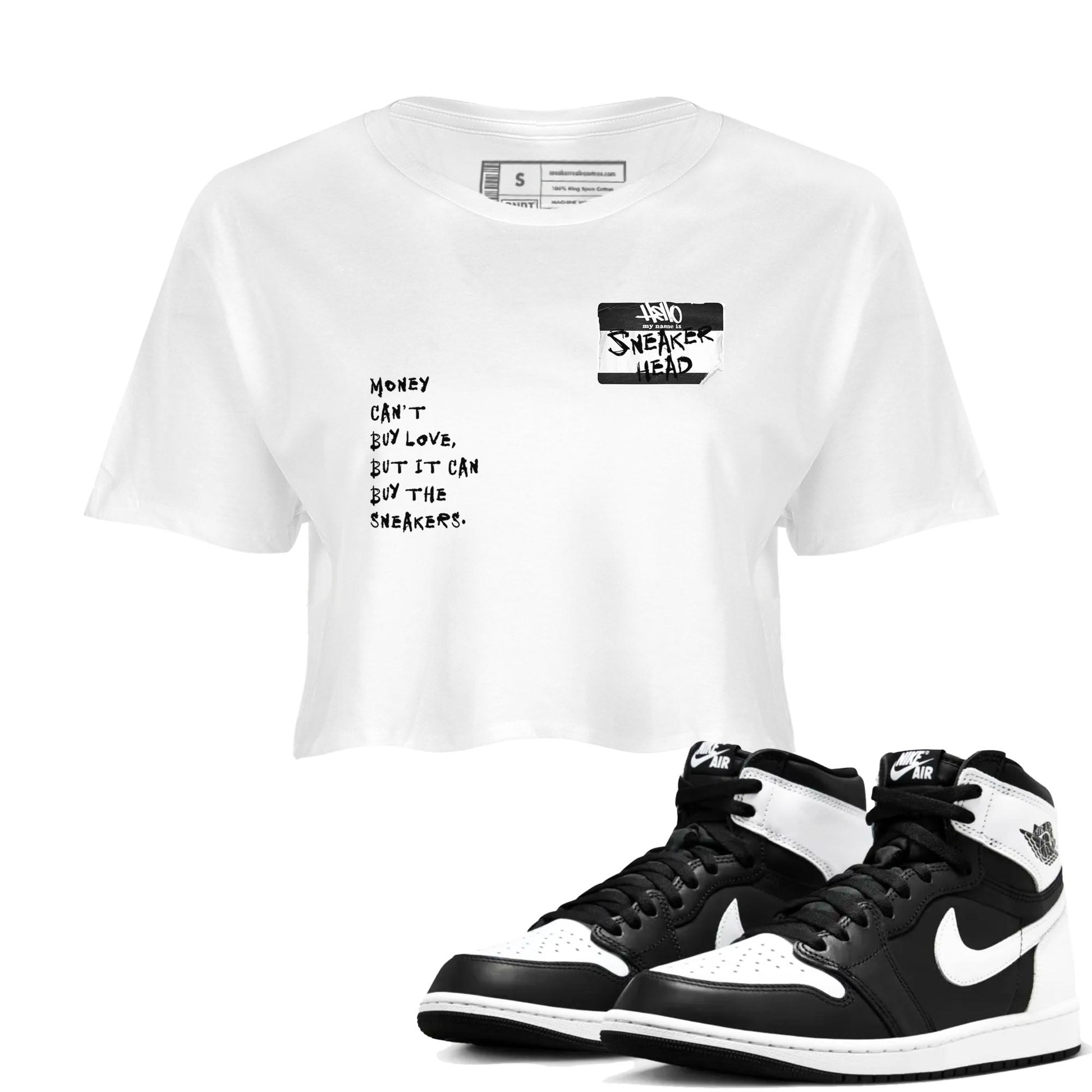 Air Jordan 1 High OG Black White shirt to match jordans Sneakerhead Badge sneaker tees Air Jordan 1 Black White SNRT Sneaker Release Tees White 1 crop length shirt