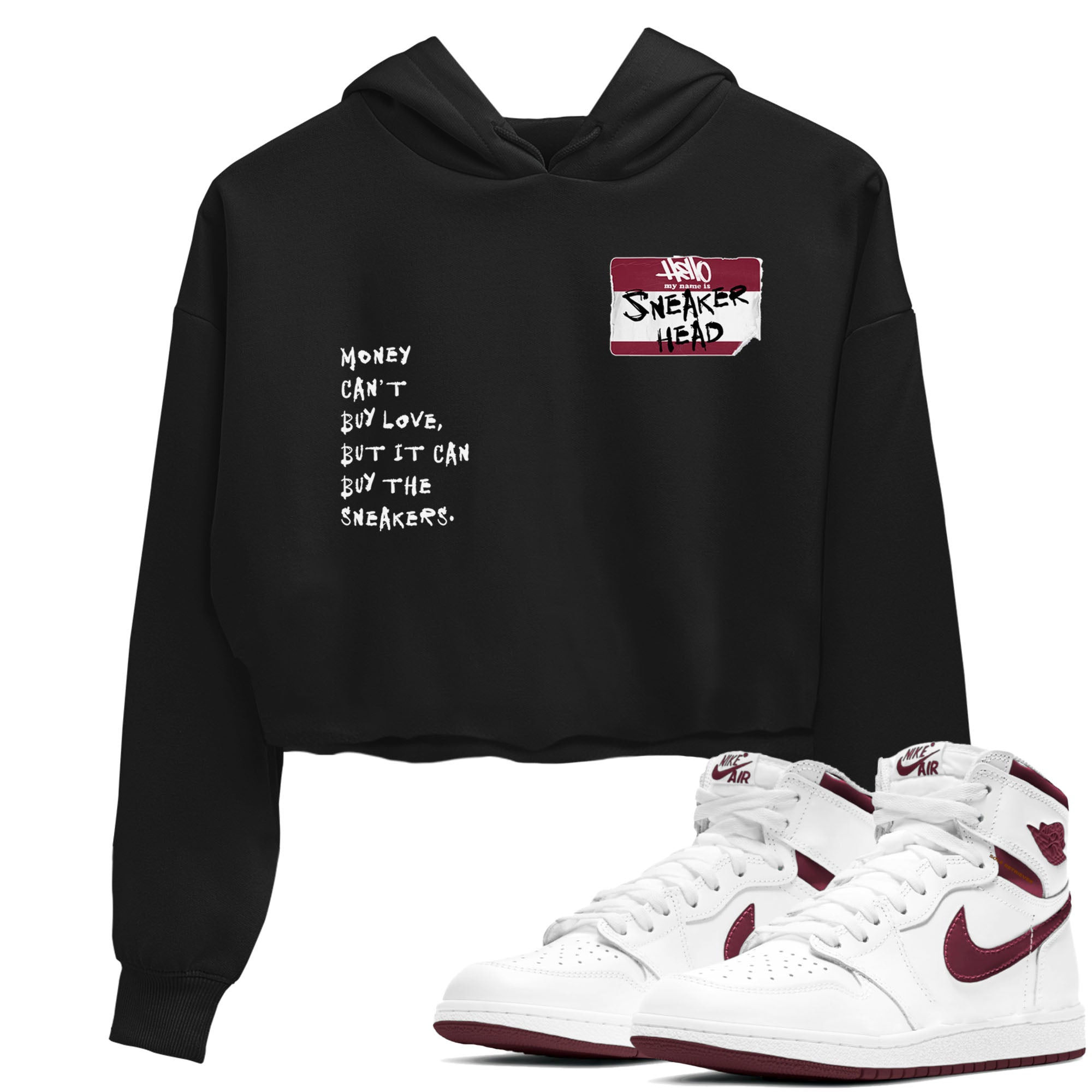 1s Metallic Burgundy shirt to match jordans Sneakerhead Badge sneaker tees Air Jordan 1 Metallic Burgundy SNRT Sneaker Release Tees Black 1 crop length shirt