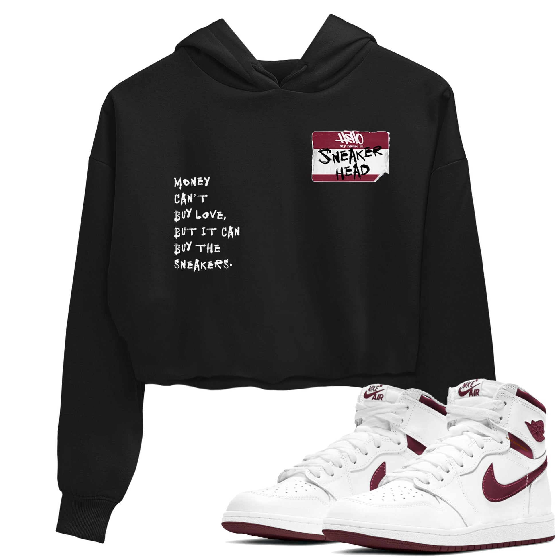 1s Metallic Burgundy shirt to match jordans Sneakerhead Badge sneaker tees Air Jordan 1 Metallic Burgundy SNRT Sneaker Release Tees Black 1 crop length shirt