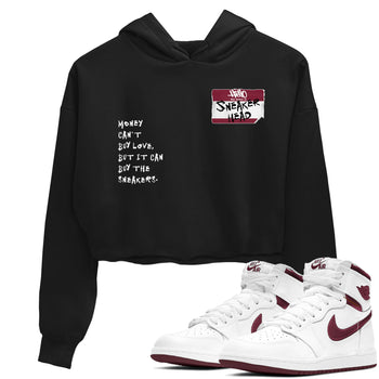 1s Metallic Burgundy shirt to match jordans Sneakerhead Badge sneaker tees Air Jordan 1 Metallic Burgundy SNRT Sneaker Release Tees Black 1 crop length shirt