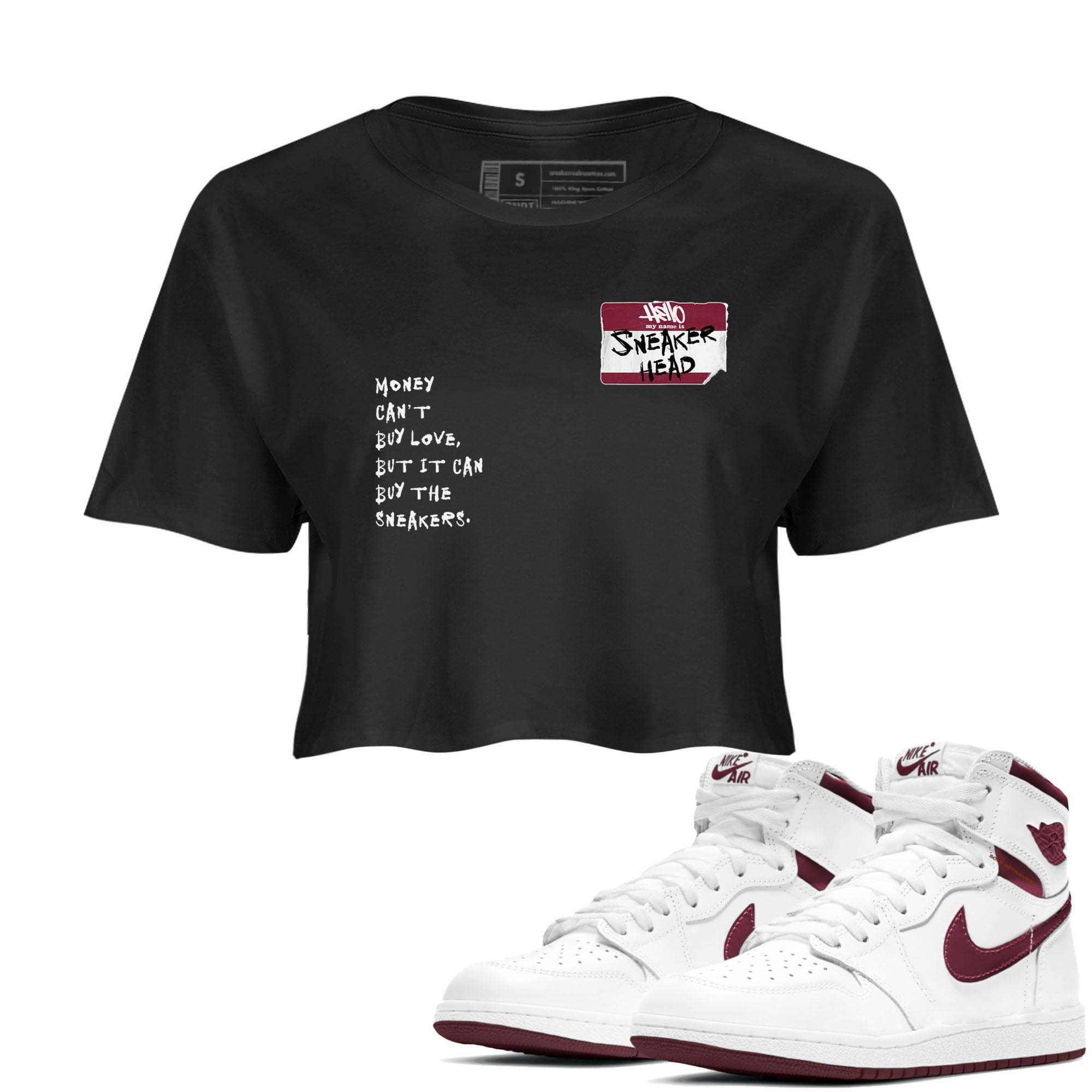 1s Metallic Burgundy shirt to match jordans Sneakerhead Badge sneaker tees Air Jordan 1 Metallic Burgundy SNRT Sneaker Release Tees Black 1 crop length shirt