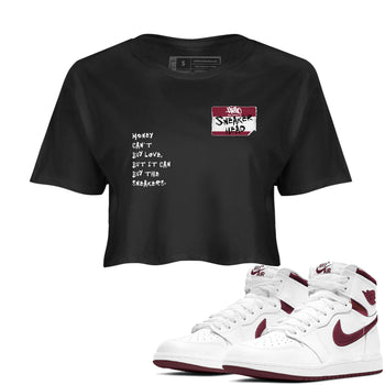 1s Metallic Burgundy shirt to match jordans Sneakerhead Badge sneaker tees Air Jordan 1 Metallic Burgundy SNRT Sneaker Release Tees Black 1 crop length shirt