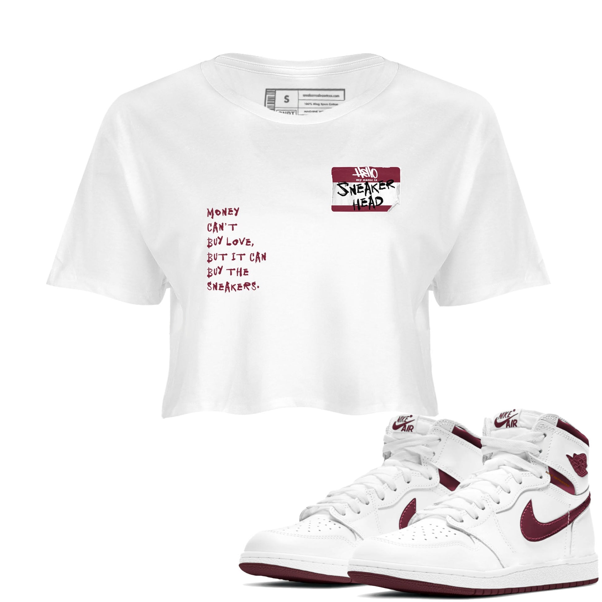 1s Metallic Burgundy shirt to match jordans Sneakerhead Badge sneaker tees Air Jordan 1 Metallic Burgundy SNRT Sneaker Release Tees White 1 crop length shirt