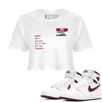1s Metallic Burgundy shirt to match jordans Sneakerhead Badge sneaker tees Air Jordan 1 Metallic Burgundy SNRT Sneaker Release Tees White 1 crop length shirt