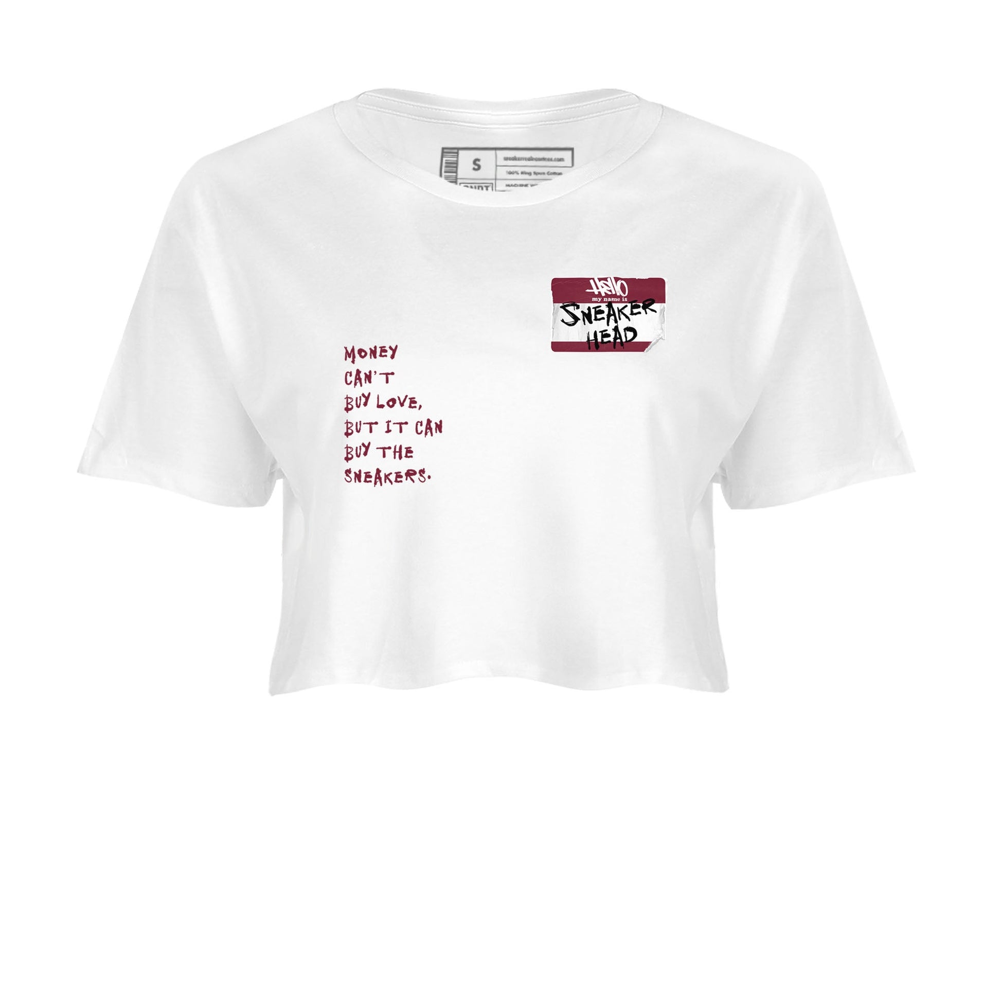 1s Metallic Burgundy shirt to match jordans Sneakerhead Badge sneaker tees Air Jordan 1 Metallic Burgundy SNRT Sneaker Release Tees White 2 crop length shirt