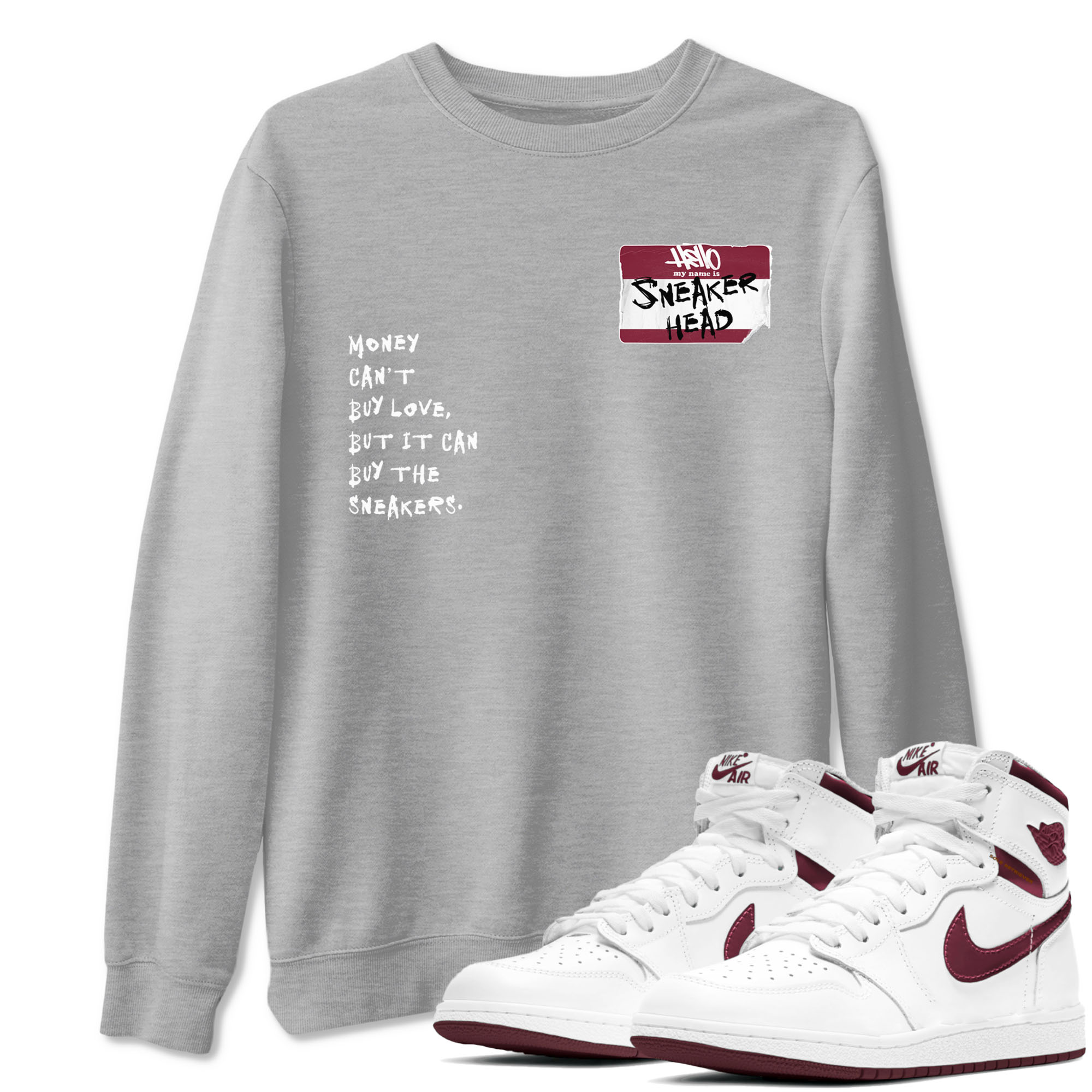 1s Metallic Burgundy shirt to match jordans Sneakerhead Badge sneaker tees Air Jordan 1 Metallic Burgundy SNRT Sneaker Release Tees unisex cotton Heather Grey 1 crew neck shirt