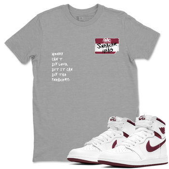 1s Metallic Burgundy shirt to match jordans Sneakerhead Badge sneaker tees Air Jordan 1 Metallic Burgundy SNRT Sneaker Release Tees unisex cotton Heather Grey 1 crew neck shirt