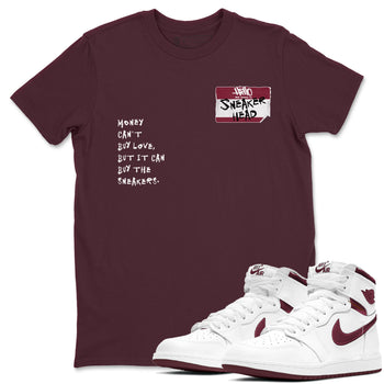 1s Metallic Burgundy shirt to match jordans Sneakerhead Badge sneaker tees Air Jordan 1 Metallic Burgundy SNRT Sneaker Release Tees unisex cotton Maroon 1 crew neck shirt